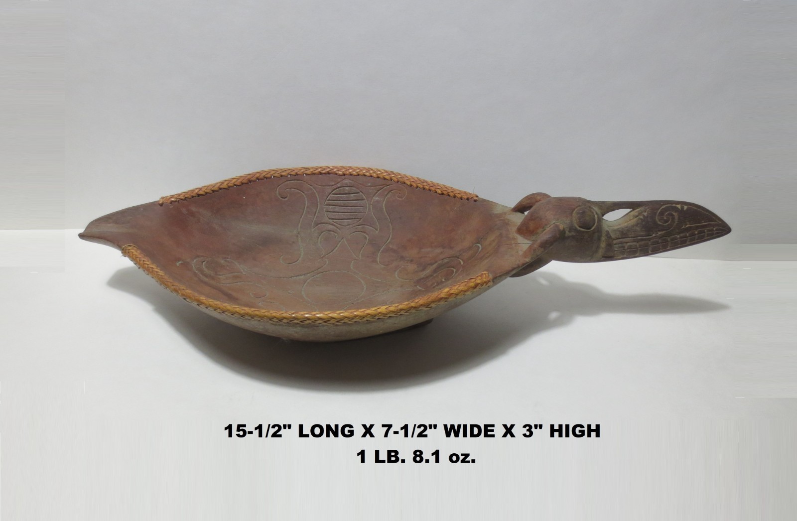 RARE! ANTIQUE! c1900 BORNEO "ASO DRAGON" CARVED WOOD BOWL w WEAVED RATTAN RIM