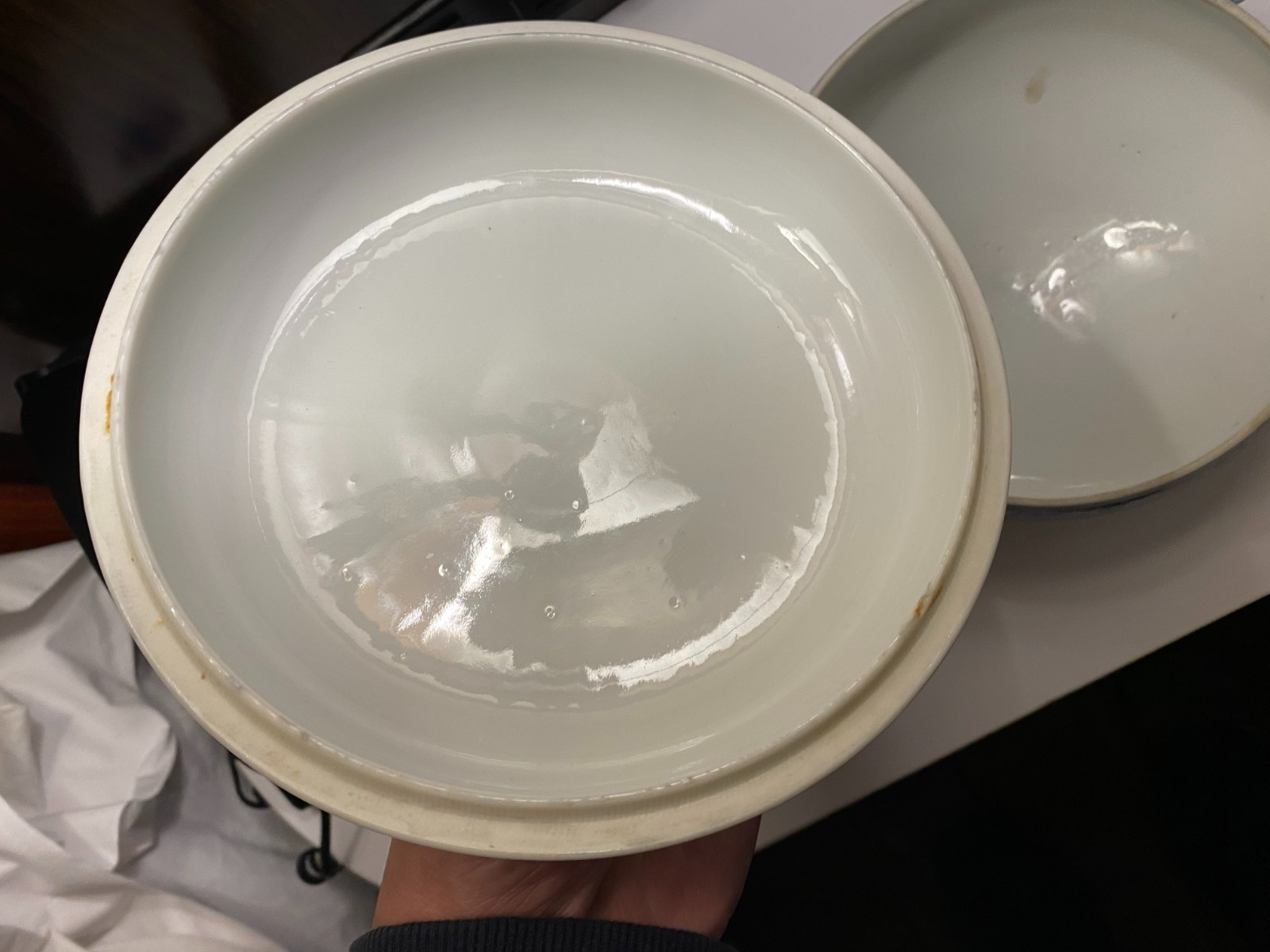 Vintage early 1900s blue white 2-handled 4-footed soup tureen w/ lid