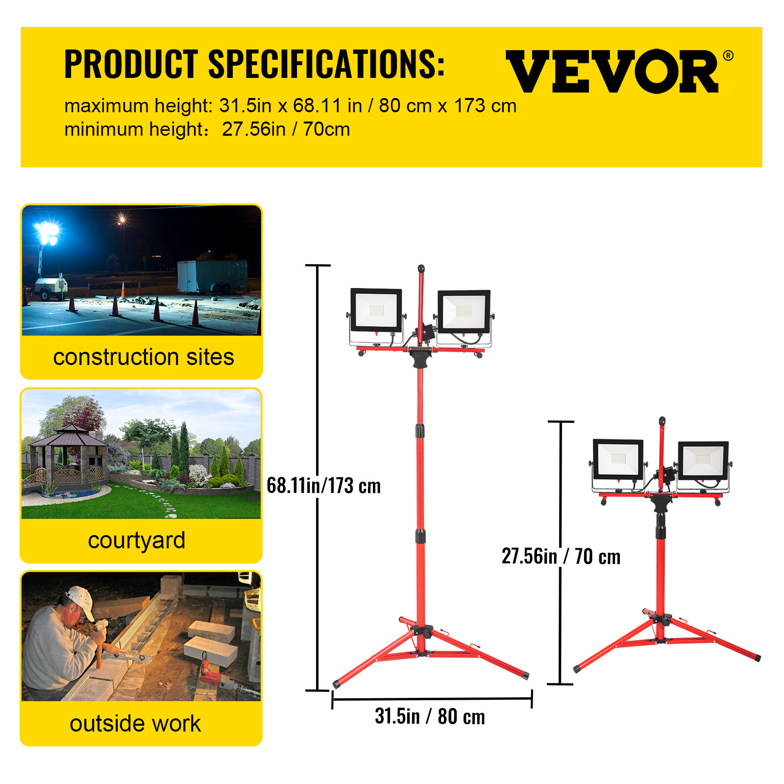 VEVOR Dual-head Led Work Light 5000 Lumen Led Work Light with Tripod 27.6-68.1"