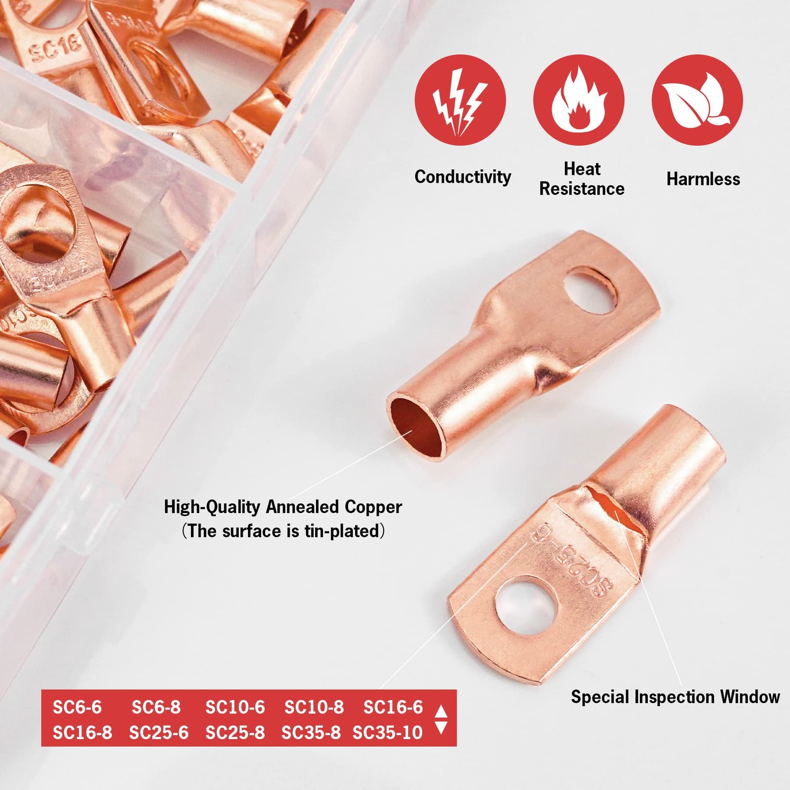 Copper Battery Cable Ends Wire Lugs Assortment Kit AWG 2 4 6 8 10 Gauge 150pcs