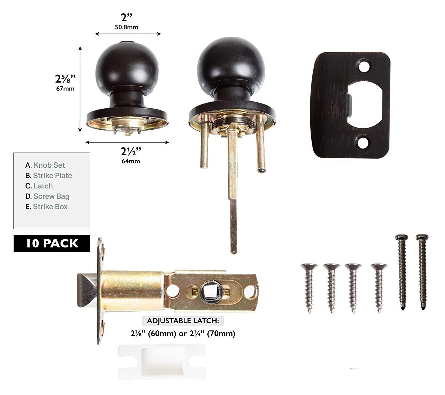 Privacy Door Knobs for Bed and Bath - Ball, Matte Black Interior Keyless 10 Pack