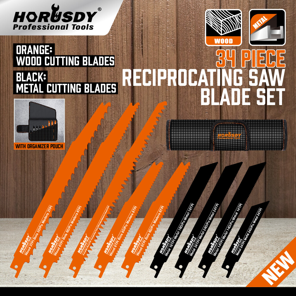 34 PC Reciprocating Saw Blade Set Metal Woodcutting Pruning With Organizer Pouch
