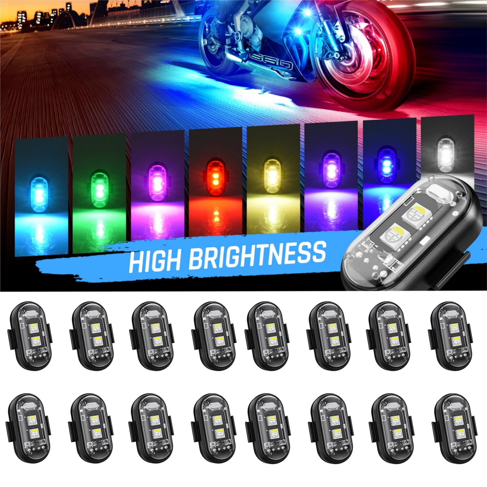 16 PCS Wireless LED Strobe Lights 8 Colors USB Rechargeable Anti-Collision Lamps