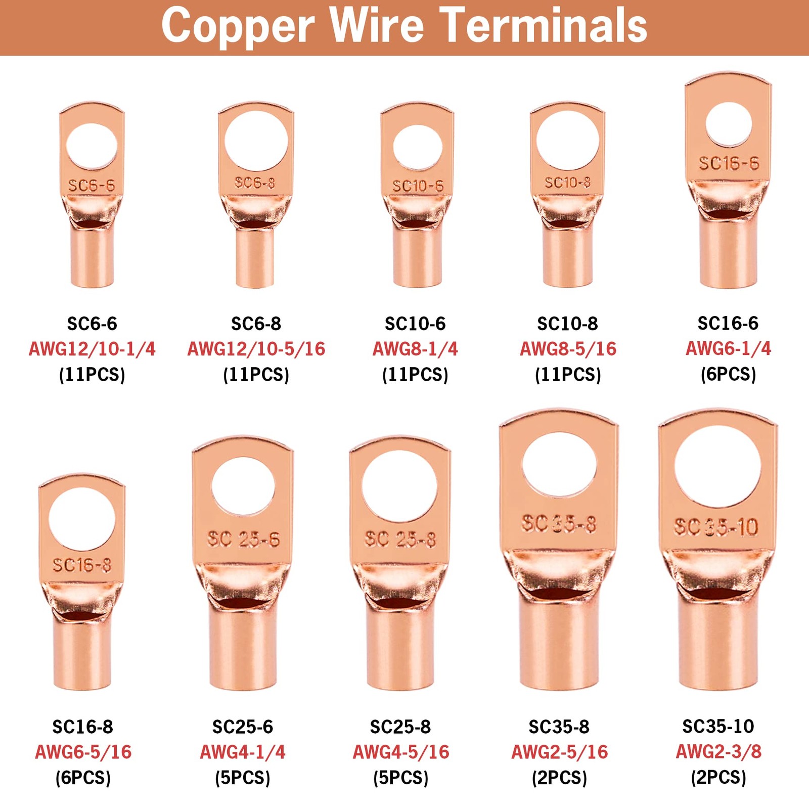 Copper Battery Cable Ends Wire Lugs Assortment Kit AWG 2 4 6 8 10 Gauge 150pcs
