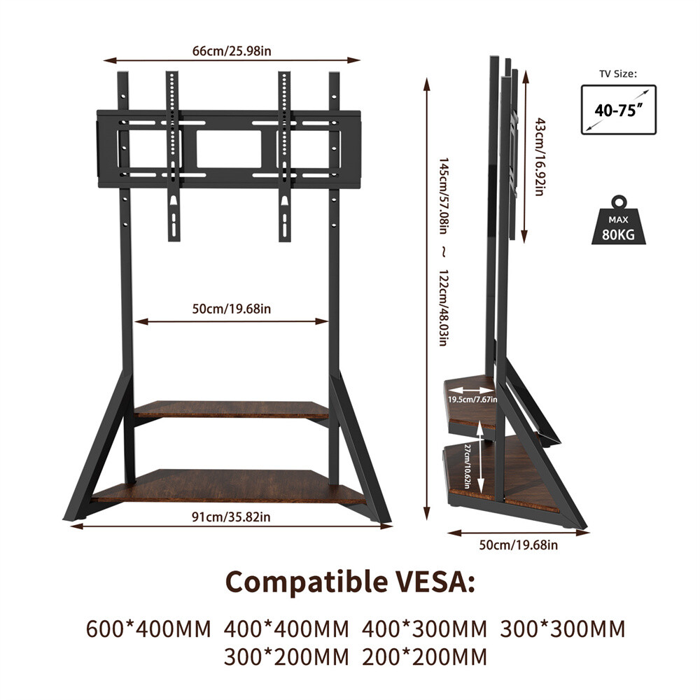 Heavy Duty Corner TV Stand for 40-75 Inch TVs Height Adjustable Floor TV Mount