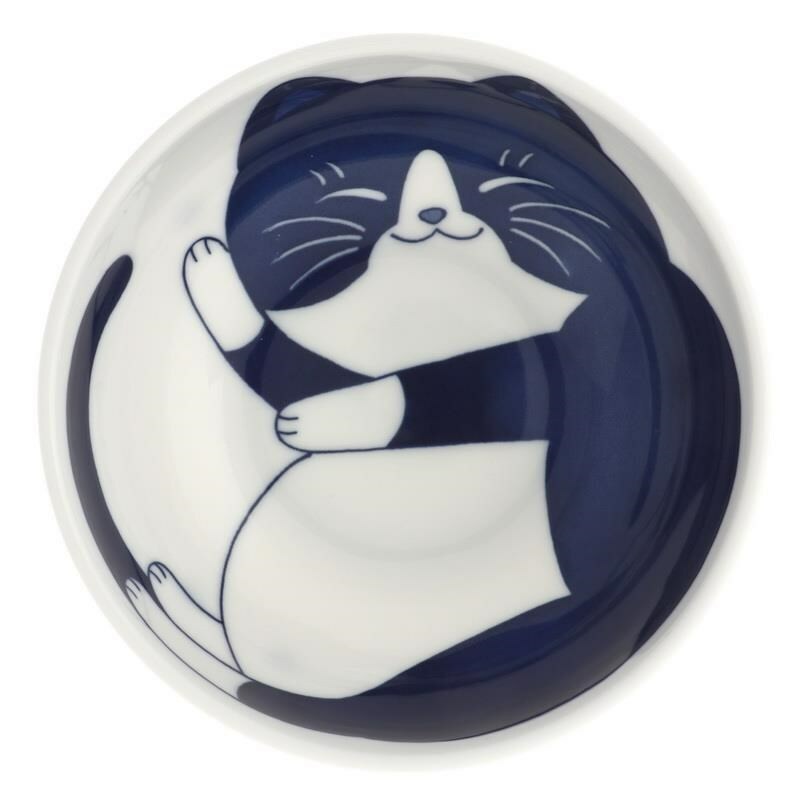 Japanese Rice Soup Dessert Bowl 4-7/8"D Porcelain Blue Tuxedo Cat Made in Japan