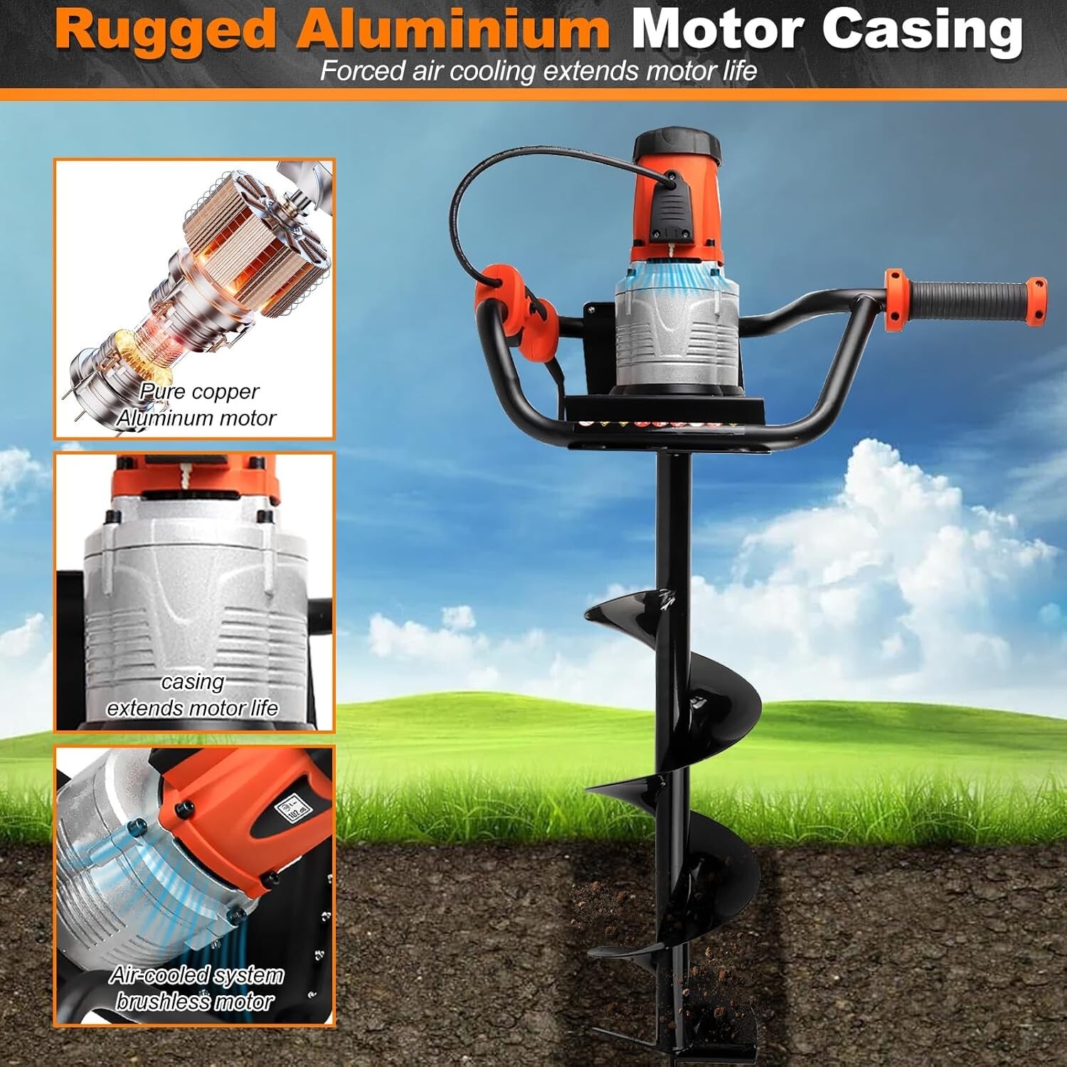 Electric Post Hole Digger with 4"+ 6"+8" Auger Bit for Quick Post Hole Digging