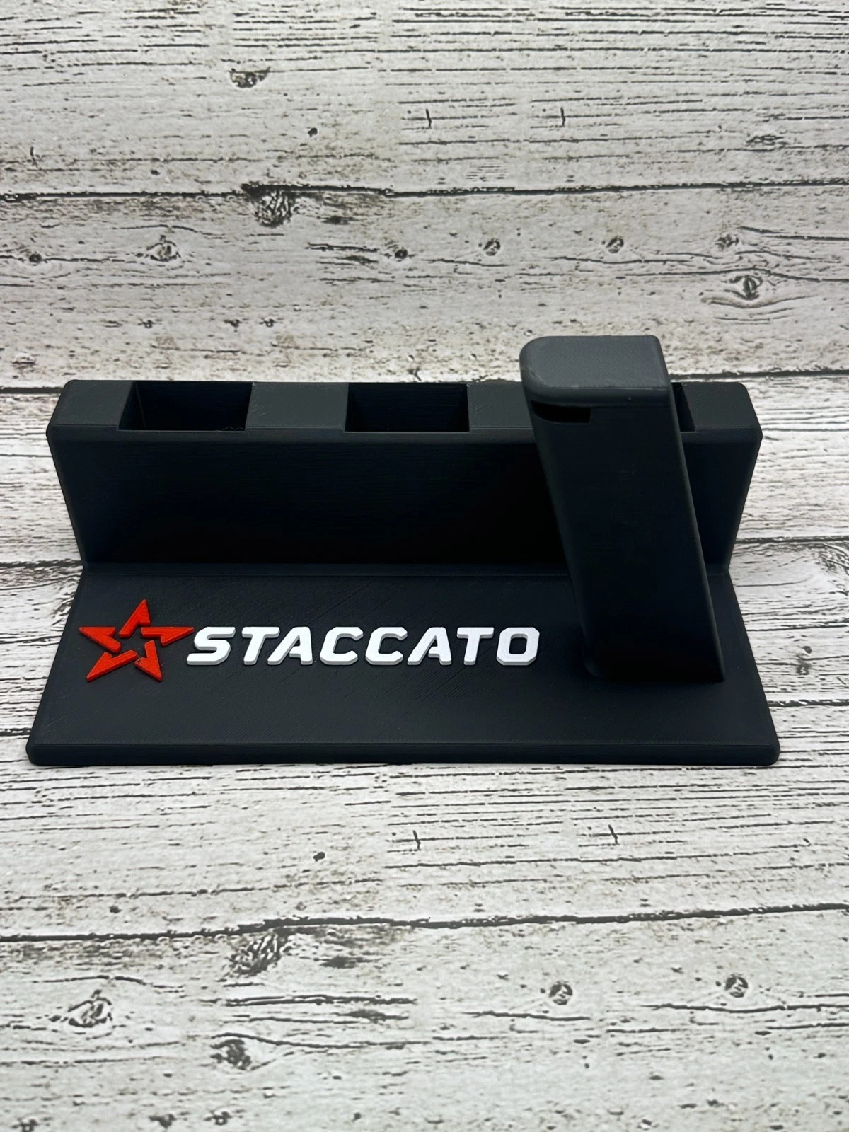 Staccato 2011 Pistol Display Stand + 3 Mag Holder – Black Polymer w/ Logo