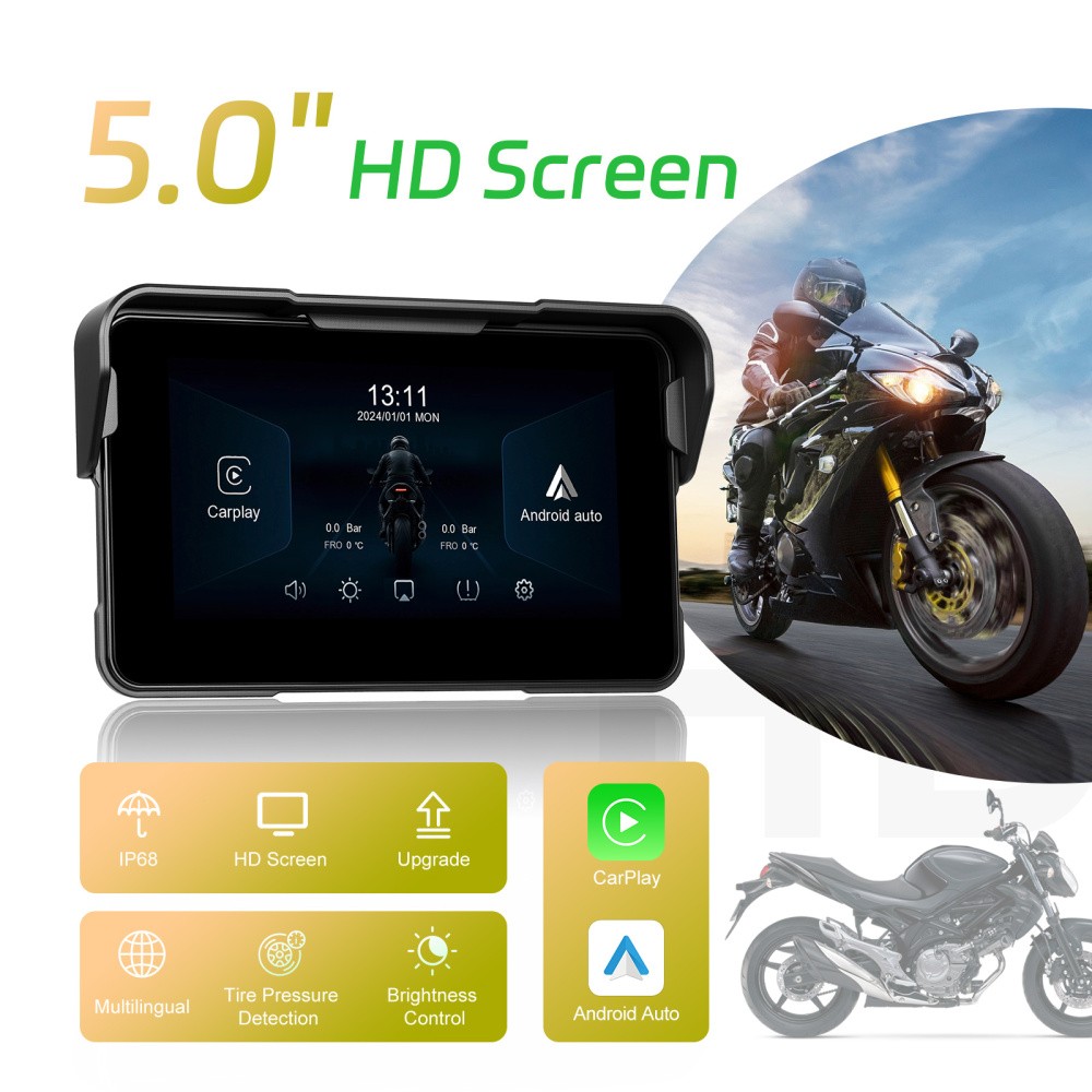 5" Motorcycle Portable Wireless Apple Carplay Android Auto Waterproof Car Stereo