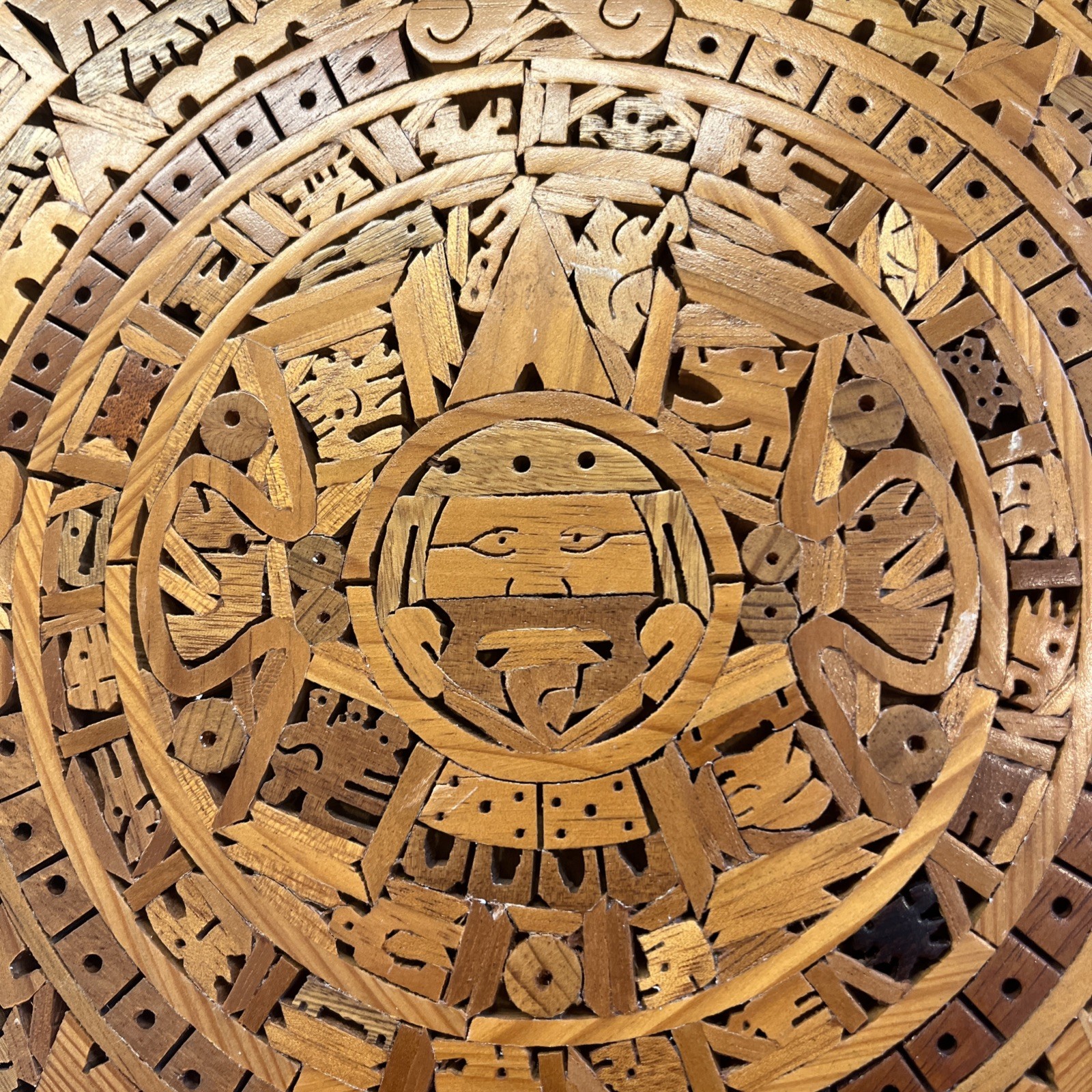 Vintage Aztec Mayan Calendar Mexico Inlaid Wall Hanging 13” Solid Wood
