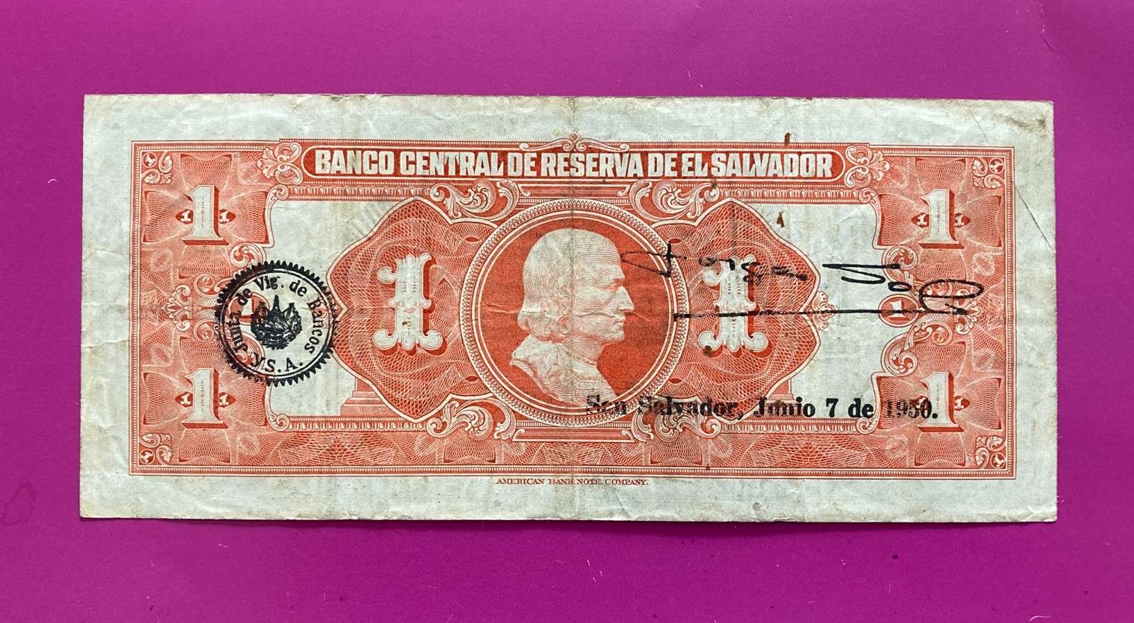 El Salvador 1949 Issue 1 Colon Scarce Banknote Crisp VF+. Pick#83a.