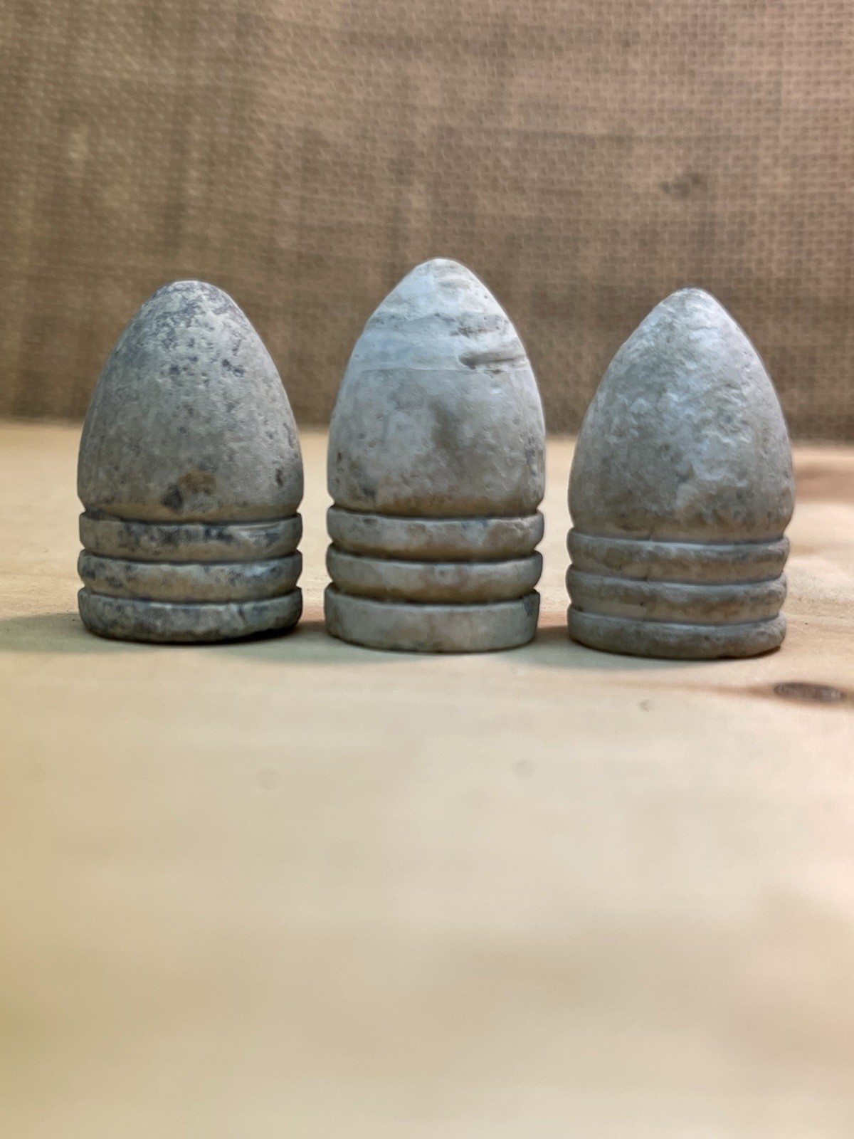 Three Dug Civil War Large Dropped 69 Caliber Bullets One Plug Base