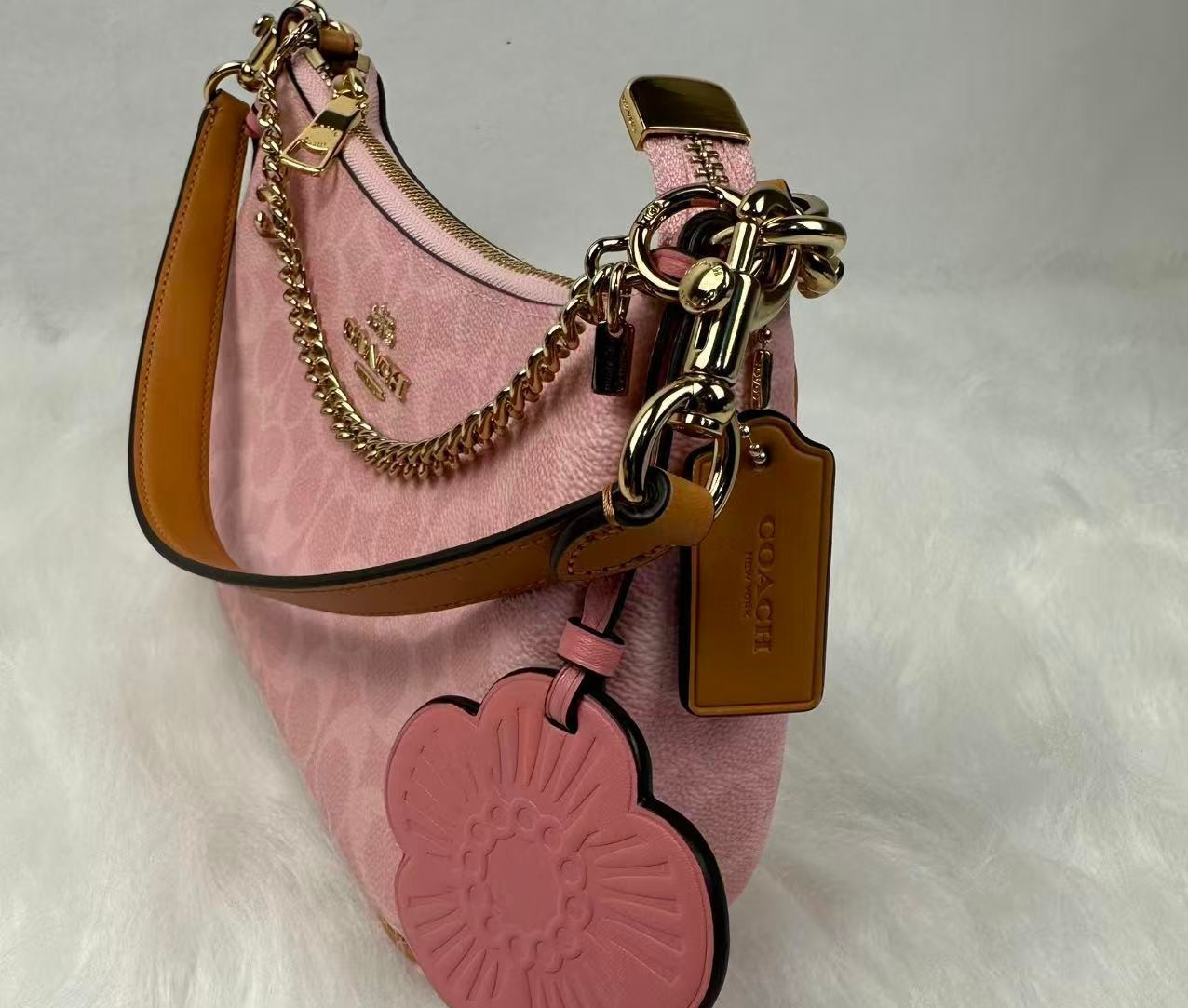 Coach Teri Shoulder Bag Signature Canvas With Charms Gold/Powder Pink CEA20 NWT