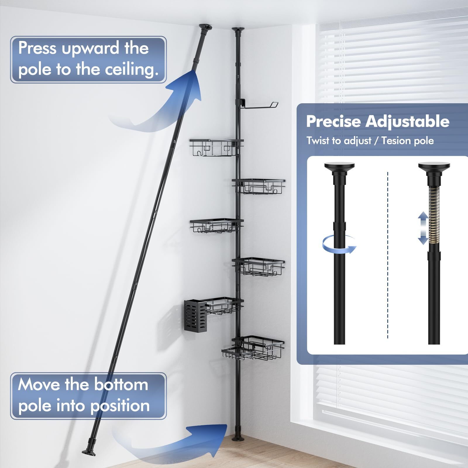 7-Tier Shower Caddy Organizer Tension Pole, Rustproof Corner Shelf for Bathroom