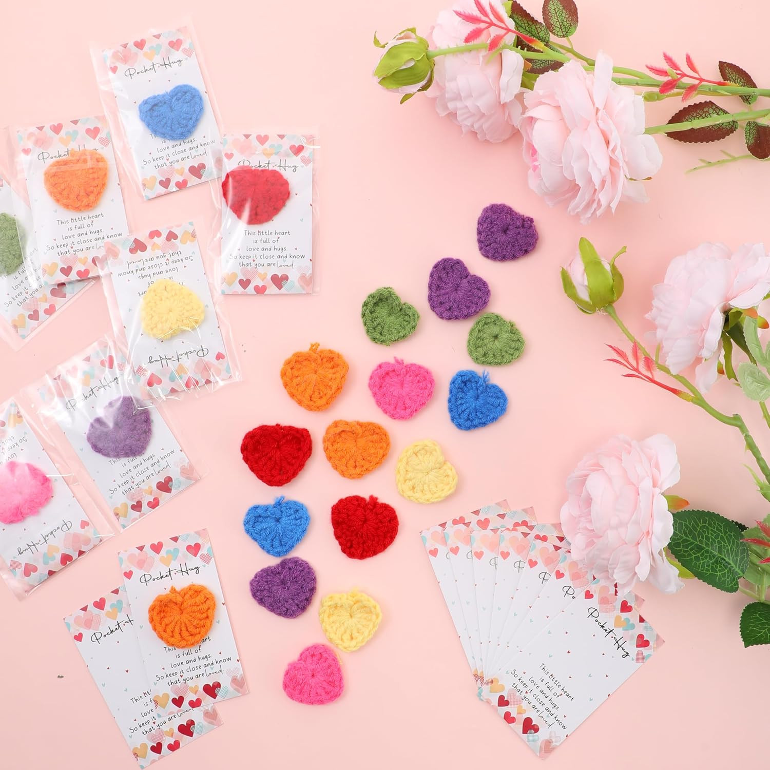 70 Sets Emotional Support Gift Bulk Cute Hand Crocheted Pocket Hug Heart Inspira
