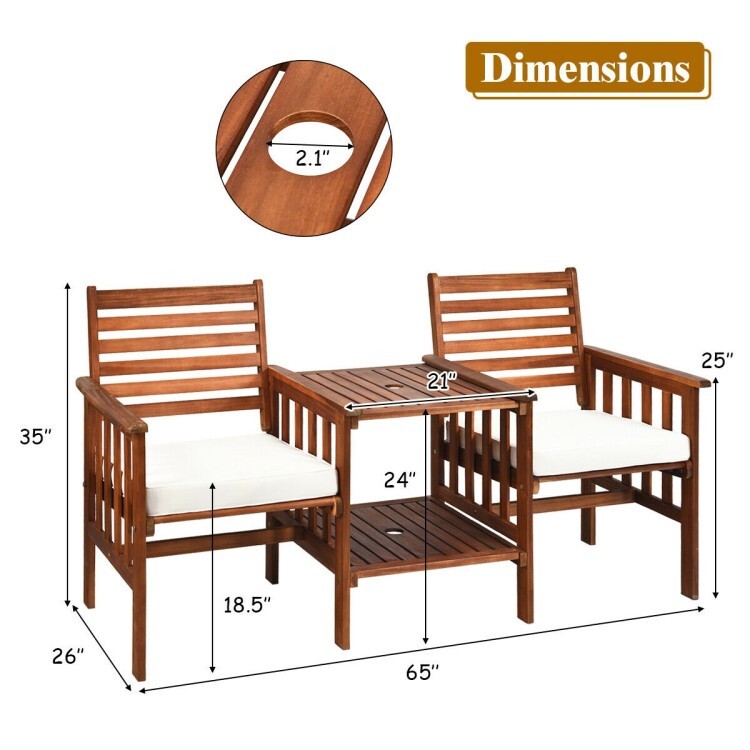 3PCS Outdoor Patio Cushion Furniture Acacia Wood Chair Coffee Table Set Backyard