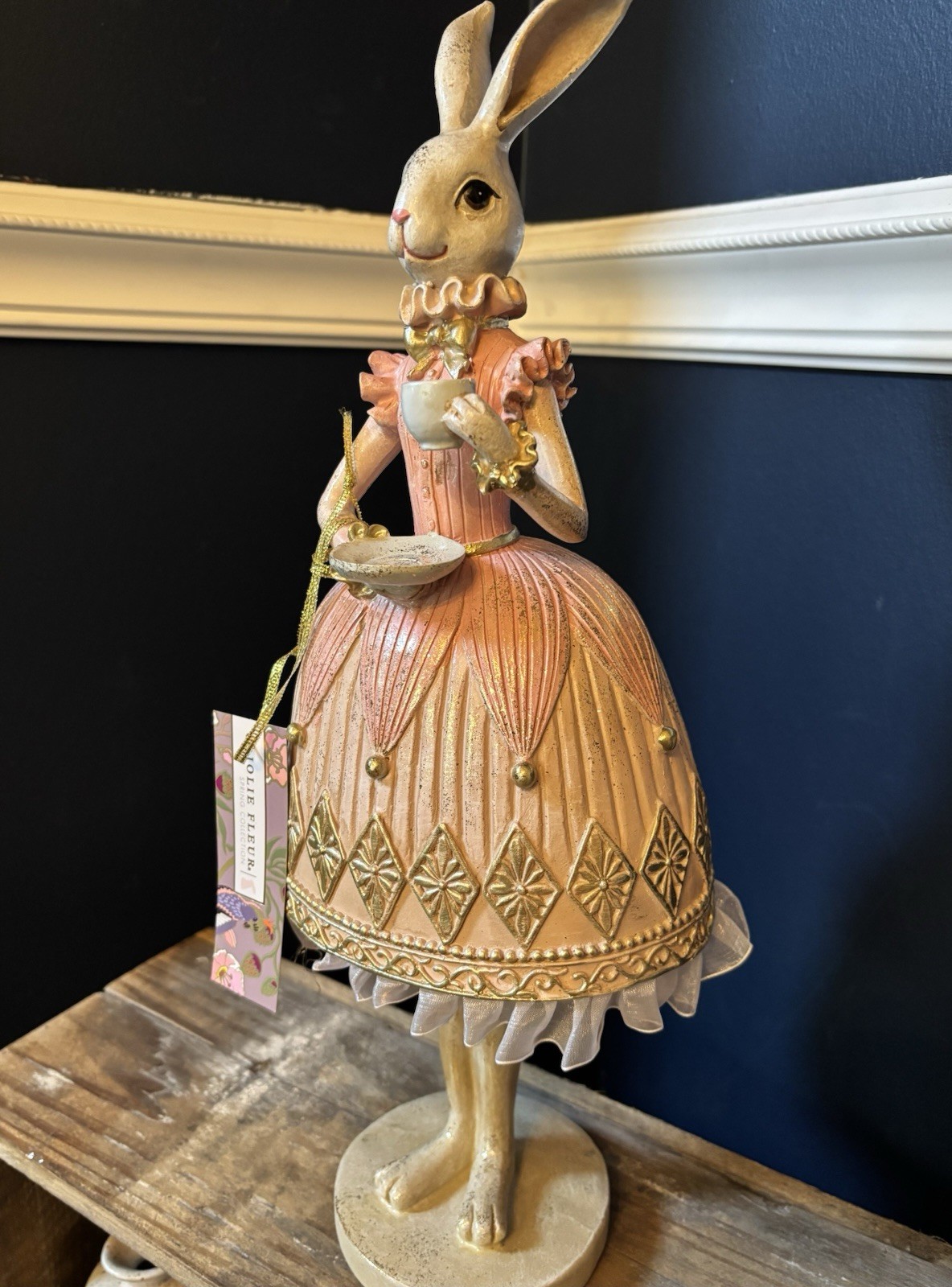 Jolie Fleur Easter Bunny Rabbit Figurine Pink Gold Dress Tea Party Decor NWT