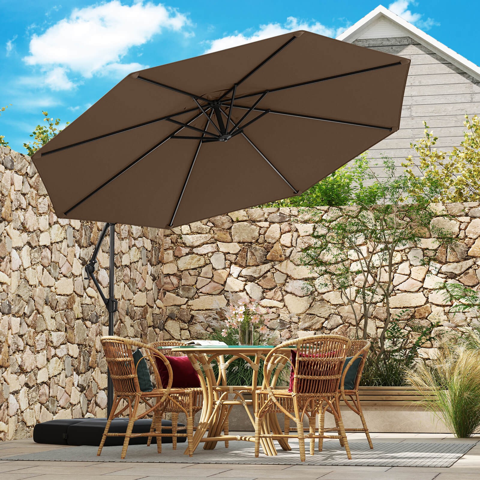 10 FT Offset Hanging Umbrella with Base Patio Cantilever Umbrella 360° Rotation