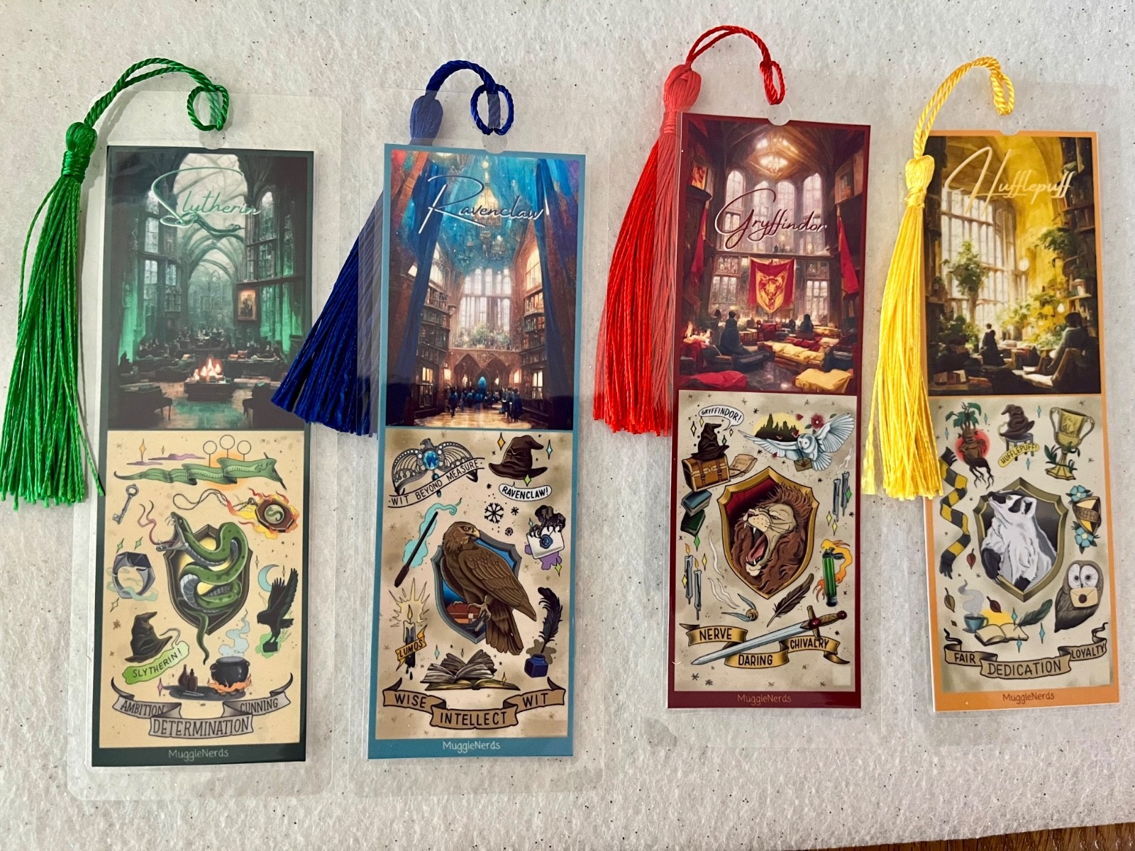 HARRY POTTER HOGWART HOUSES BOOKMARKS SET OF 4 LAMINATED WITH TASSELS HANDMADE