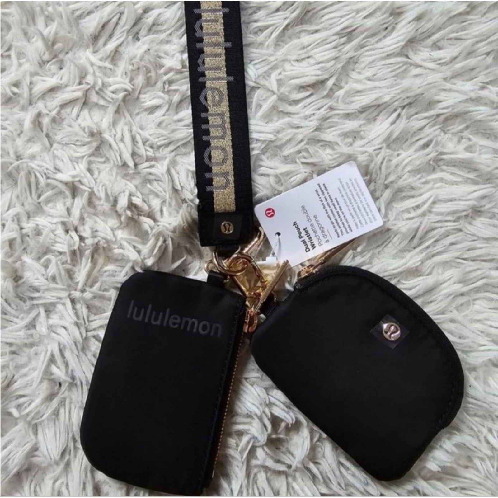 Lululemon Dual Pouch Wristlet Wallet Accessory Keychain Bag Black Grey and Gold