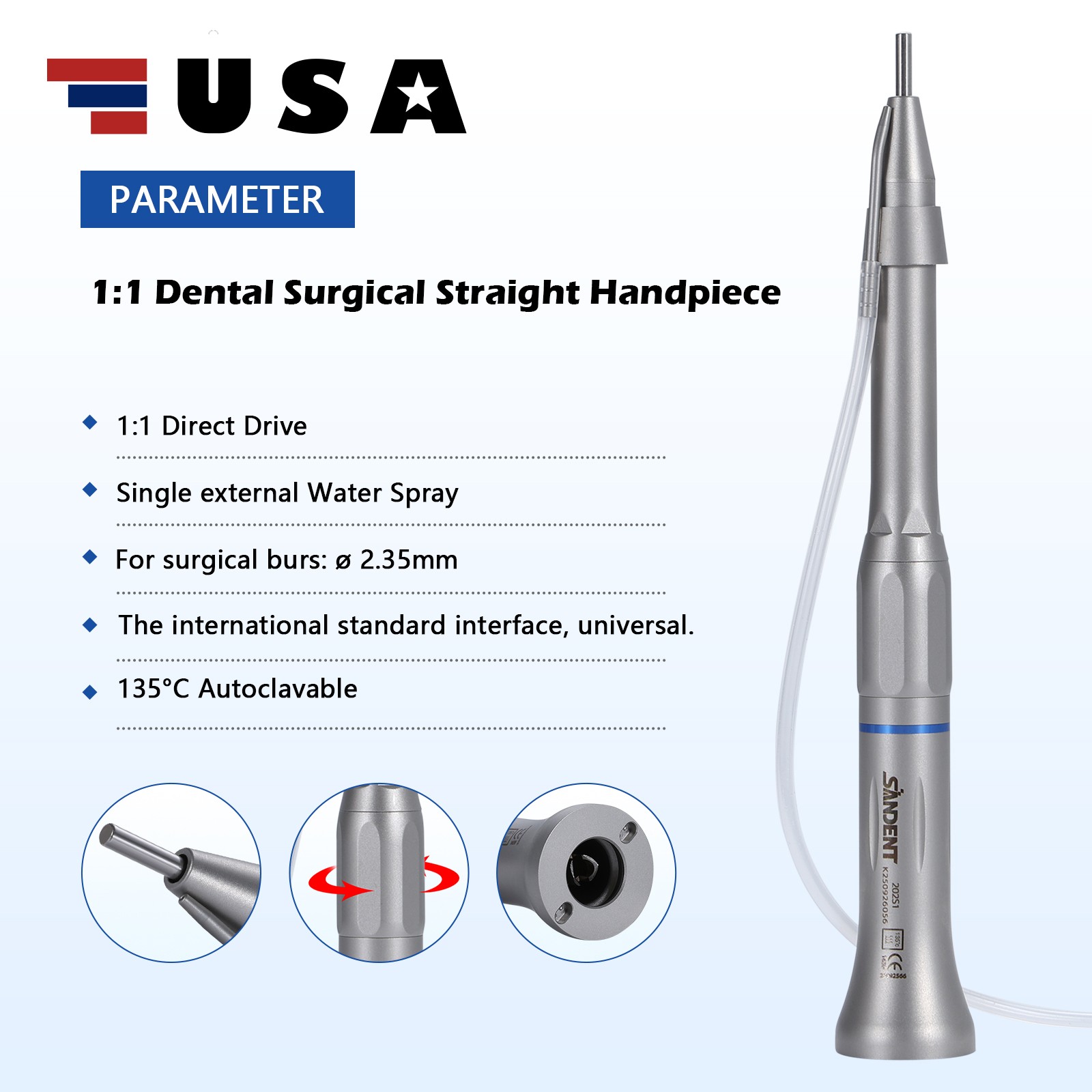 Dental Surgical Straight Handpiece 1:1 Oral Surgery 20 Degree External /NoseCone