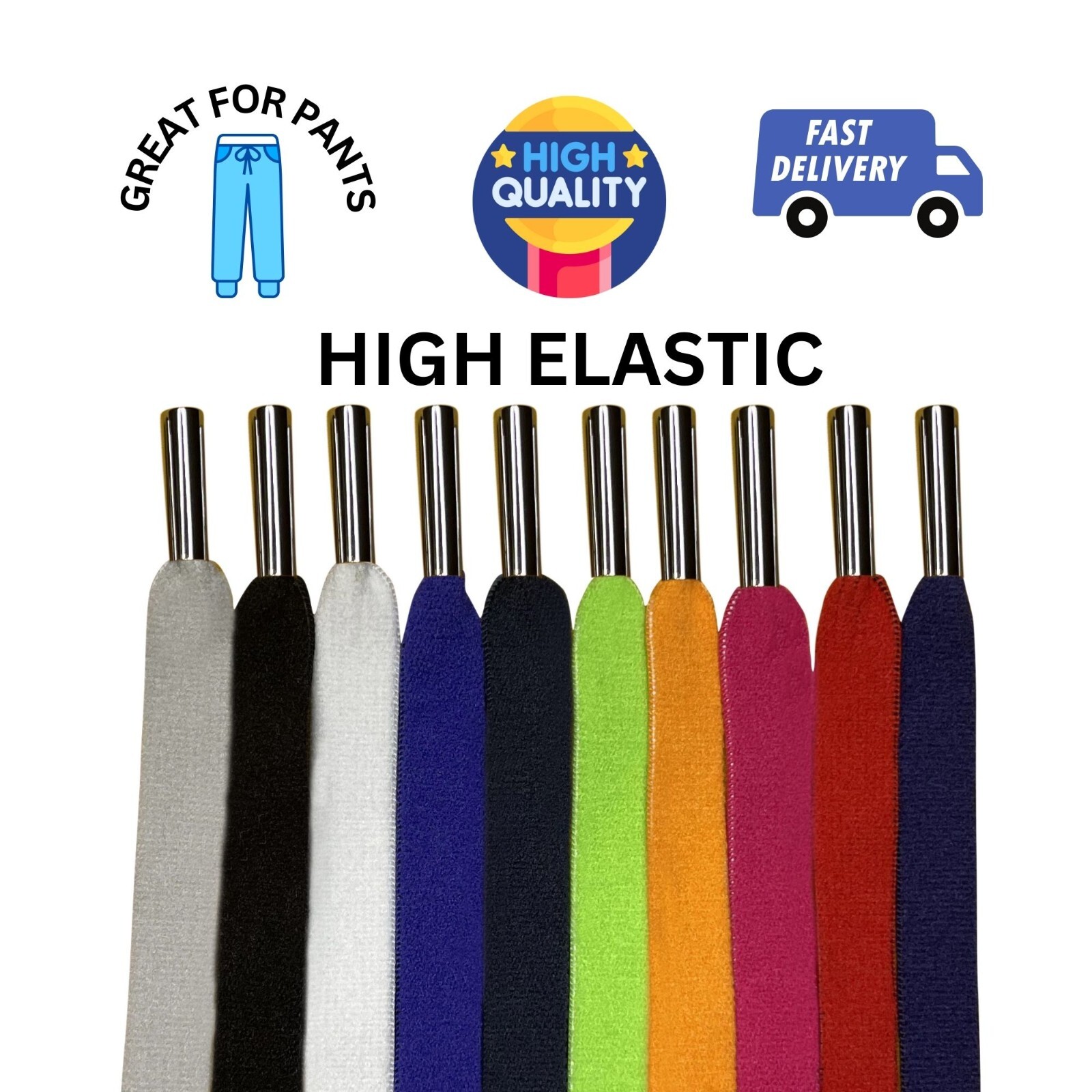 Flat drawstring cord replacement 55" Thick 3/8" with metal tips. Stretch cords