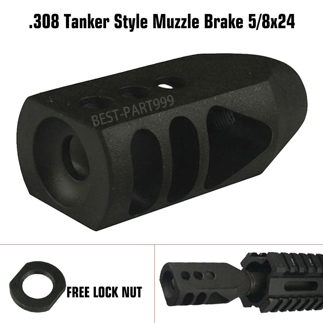 5/8x24 Thread Tanker Style Muzzle Brake for 308 .308 .338 7.62 FREE With jam nut