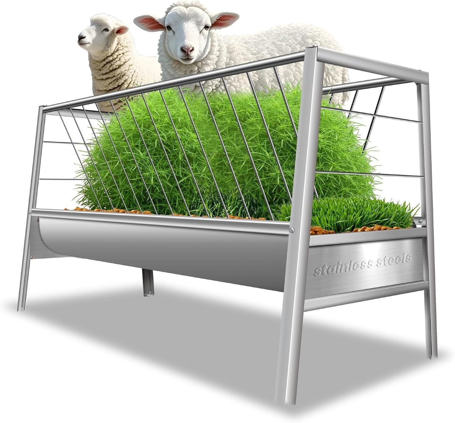 99 Gal Goat Hay Feeder 2 in 1 Stainless Steel Livestock Feed Trough with Tray