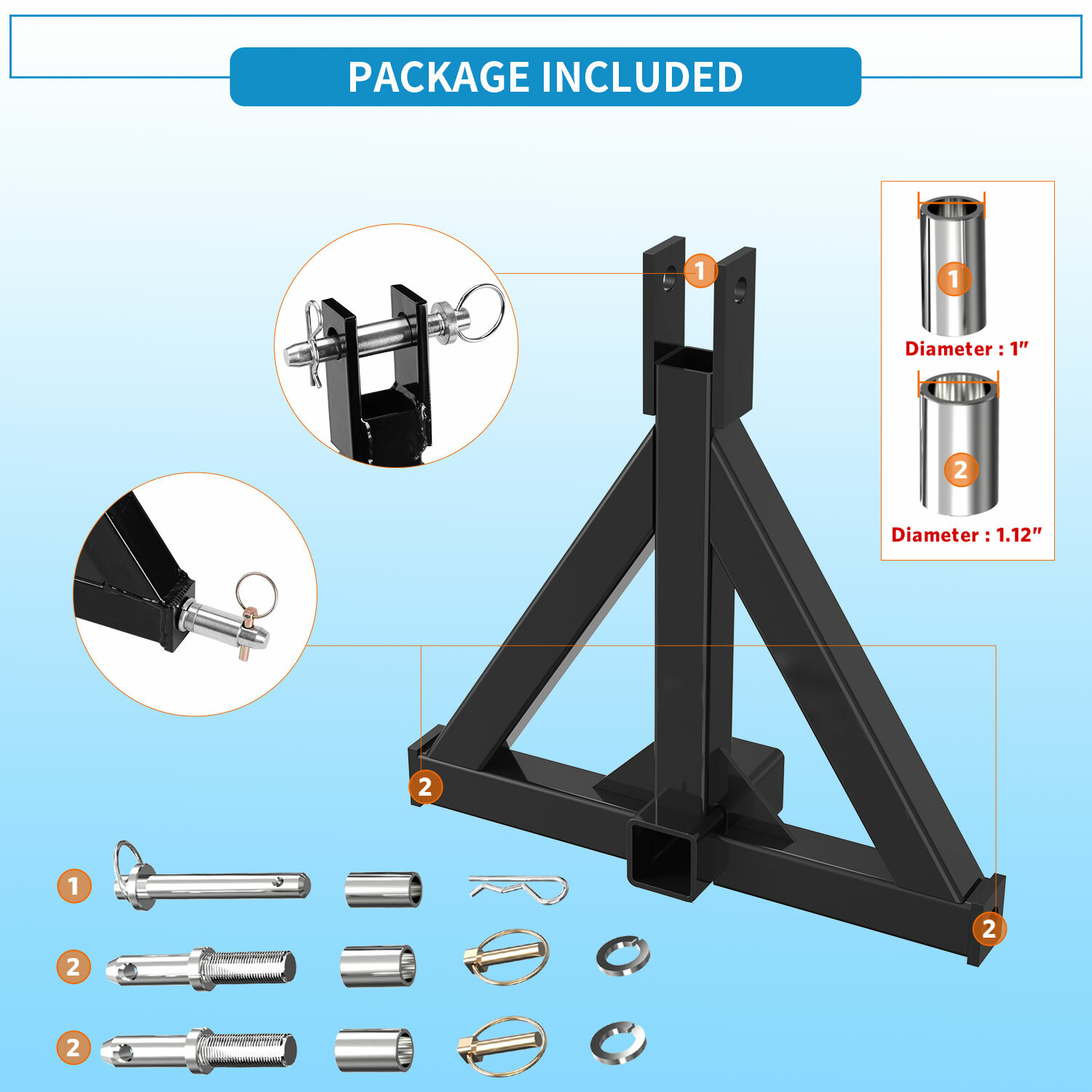 3 Point 2'' Trailer Receiver Hitch Tow Drawbar Category 1 Tractor Adapter