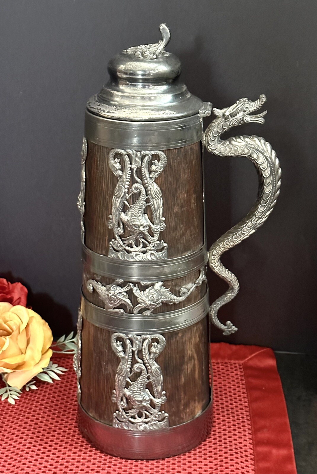 Antique Tankard St Louis Silver Co. Pat 1905 Gargoyles Dragons 15" Silver Plate