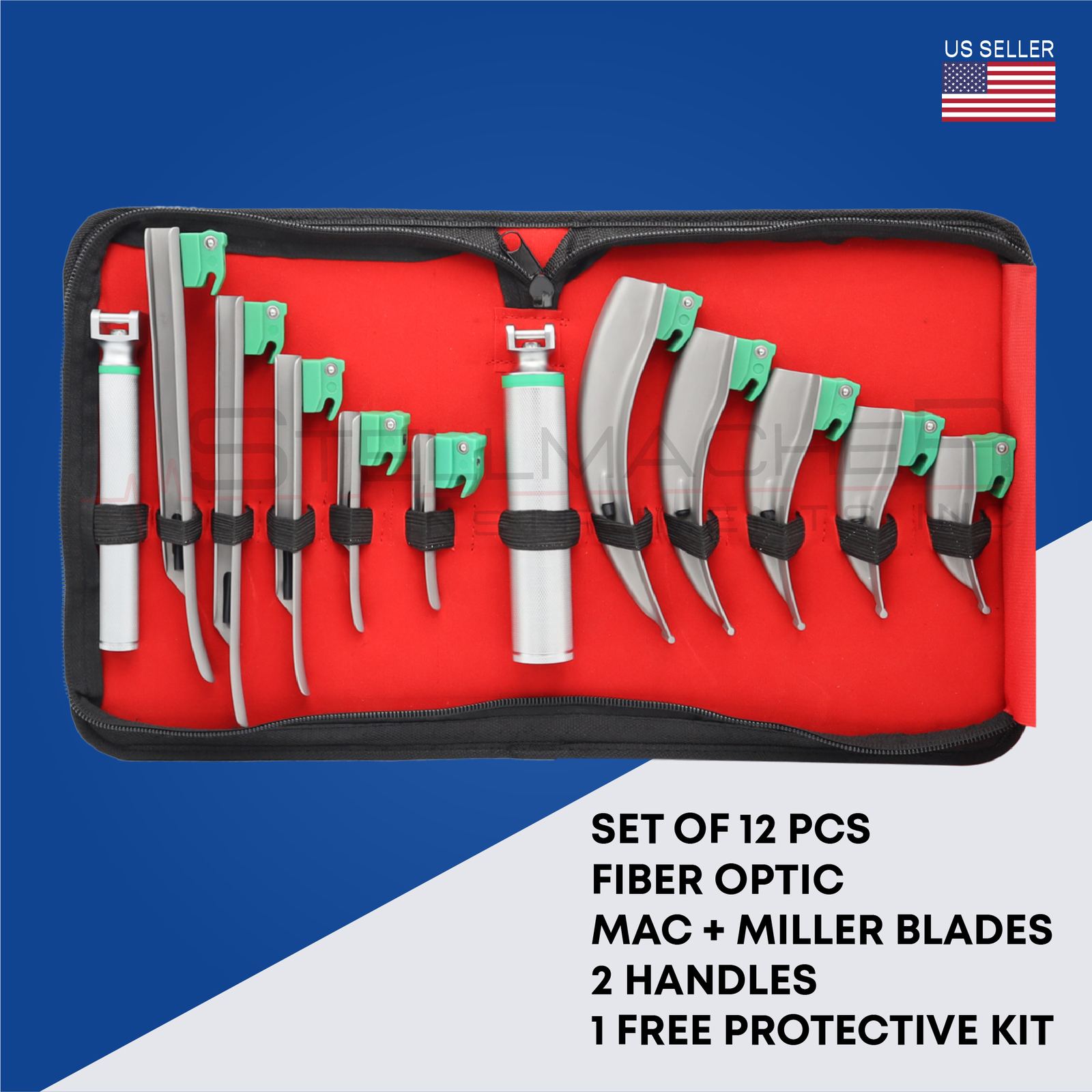 Fiber Optic Macintosh & Miller Laryngoscope 2 Handles Intubation Kit 12 Pcs set