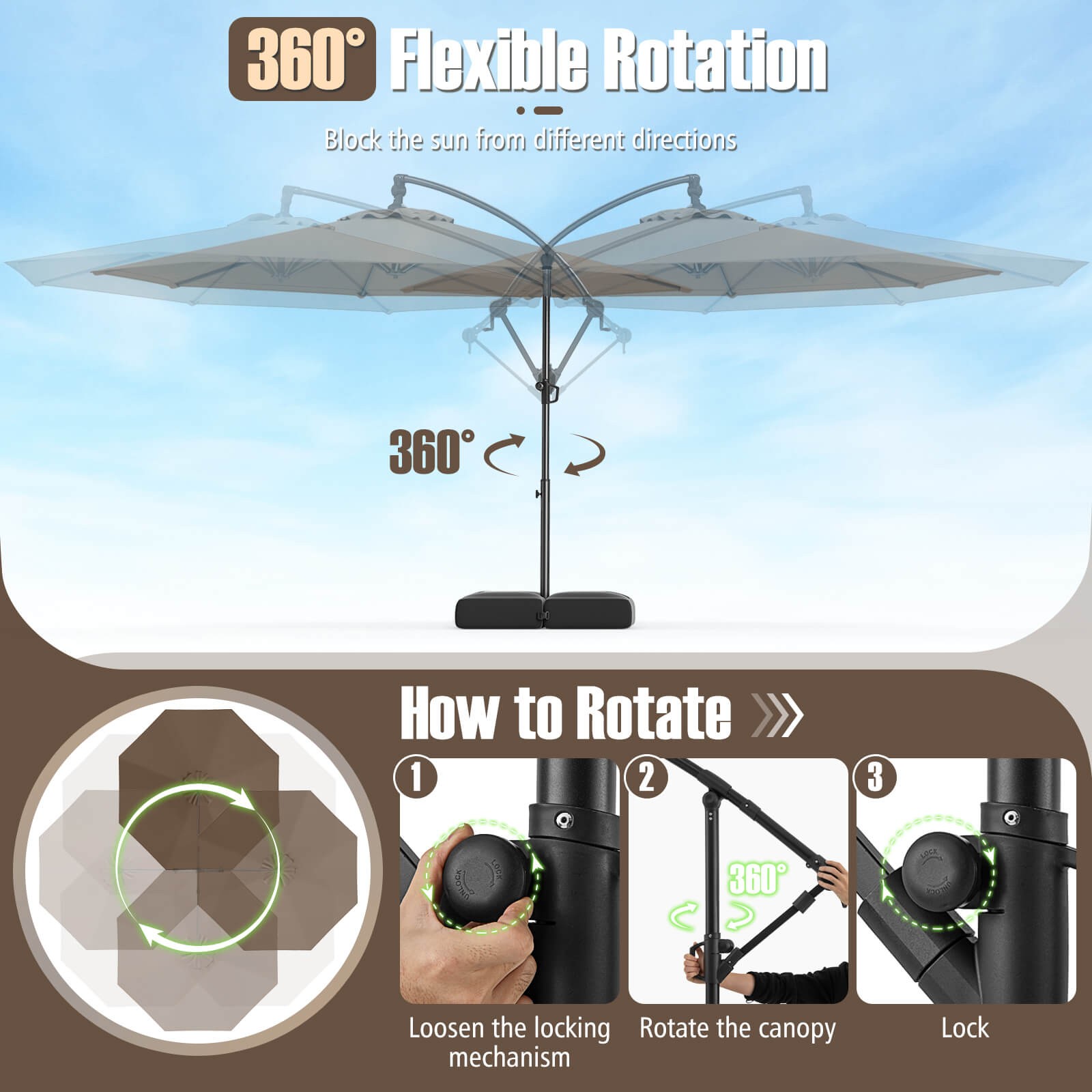 10 FT Offset Hanging Umbrella with Base Patio Cantilever Umbrella 360° Rotation