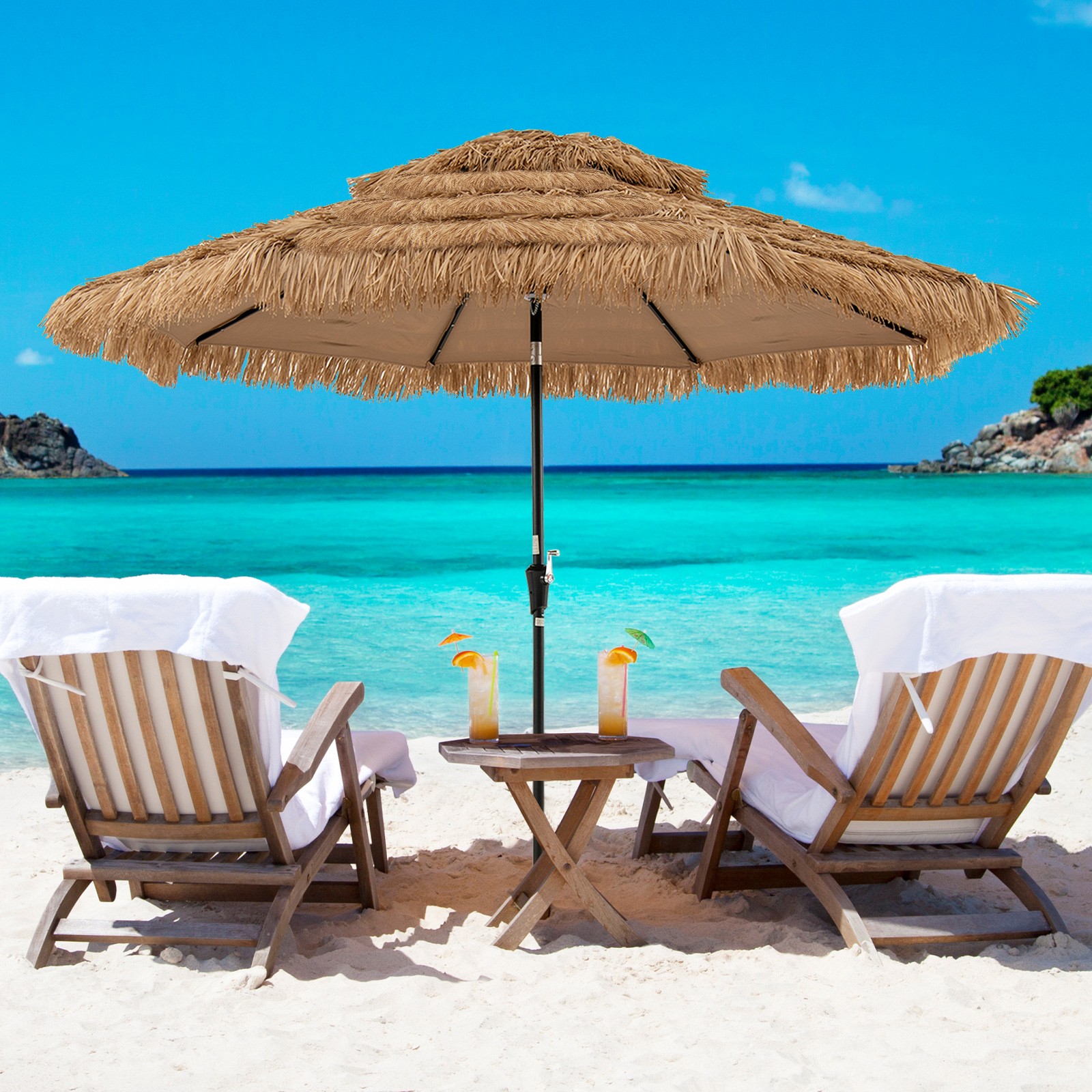 10 ft Solar Lighted Thatched Tiki Patio Umbrella Beach 2 Tier Hawaiian