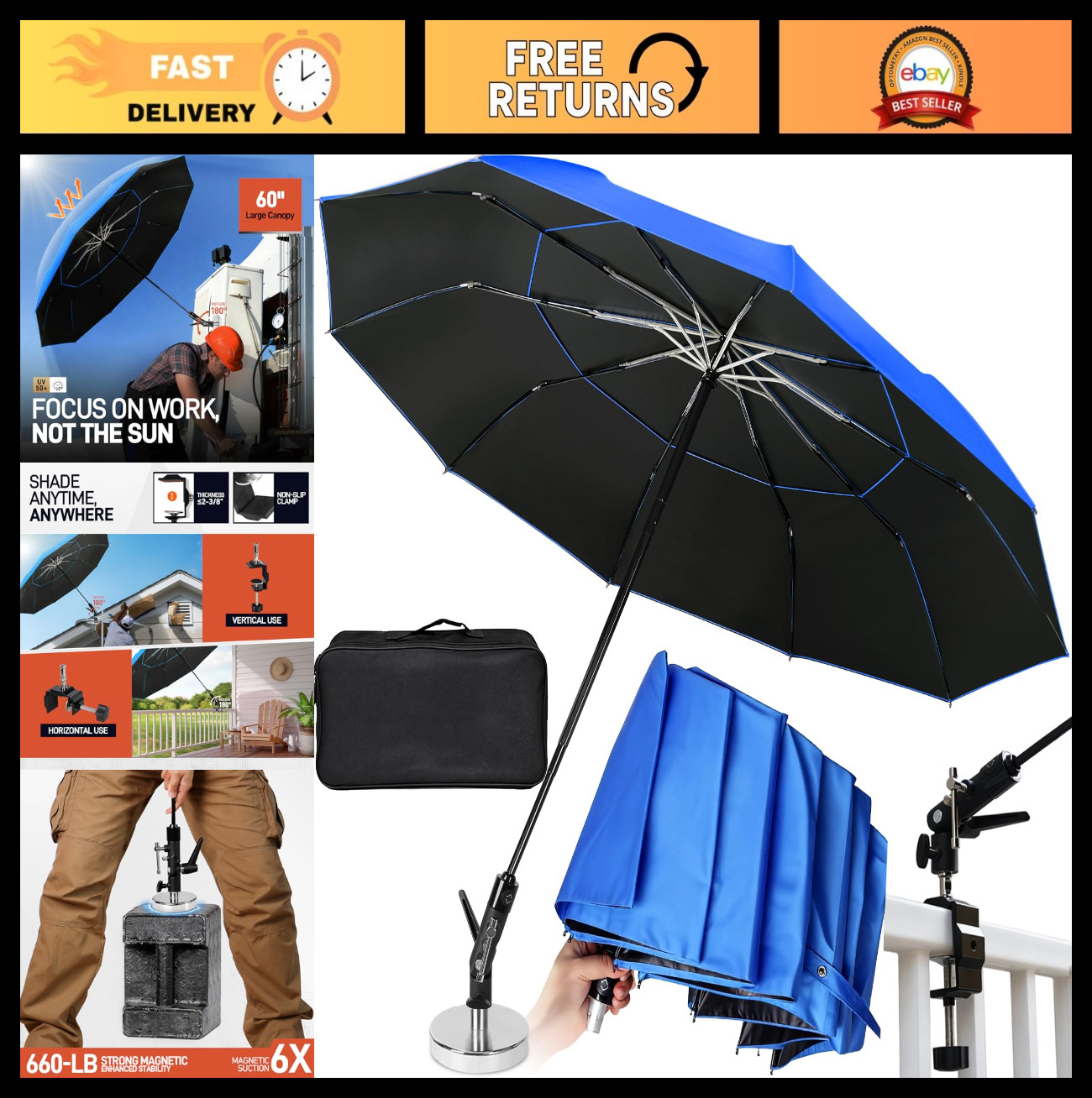 60" Folding Magnetic Umbrella for Outdoor Work, 600lb Suction Base, 2-in-1 Sun &
