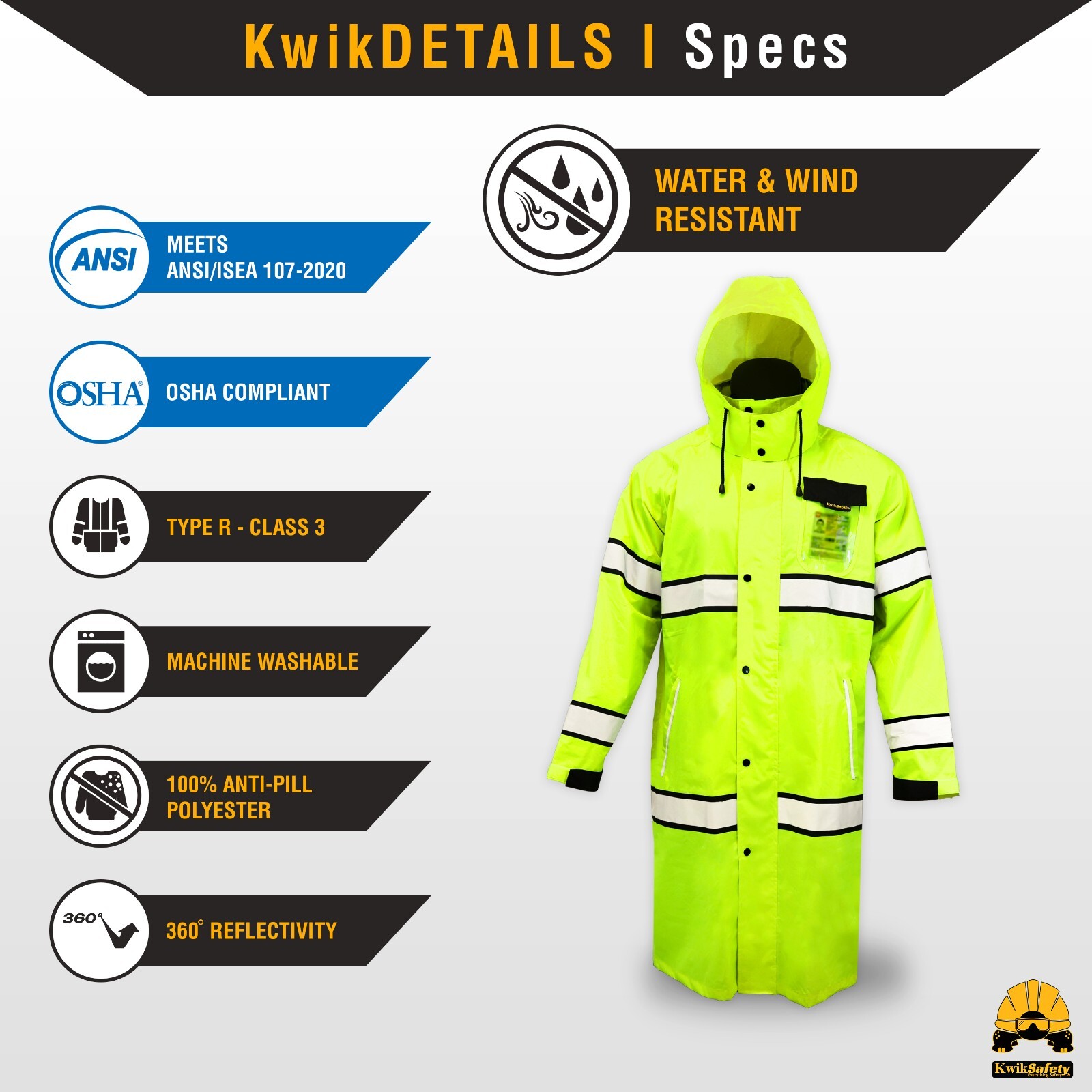 KwikSafety TORRENT | High Visibility ANSI Class 3 Safety Trench Coat