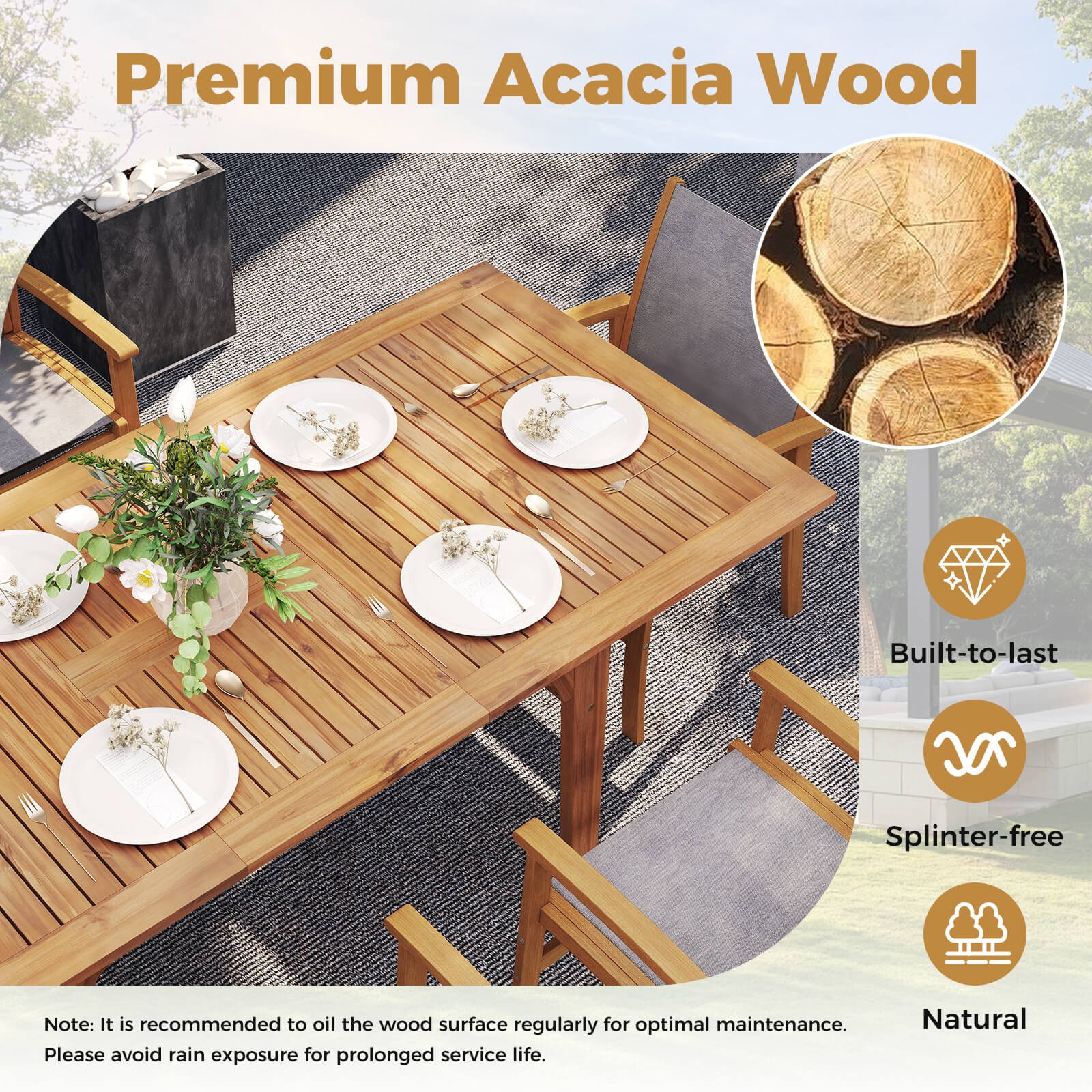 Expandable Outdoor Dining Table 55"-71" Acacia Wood Patio Table for 6-8 Person