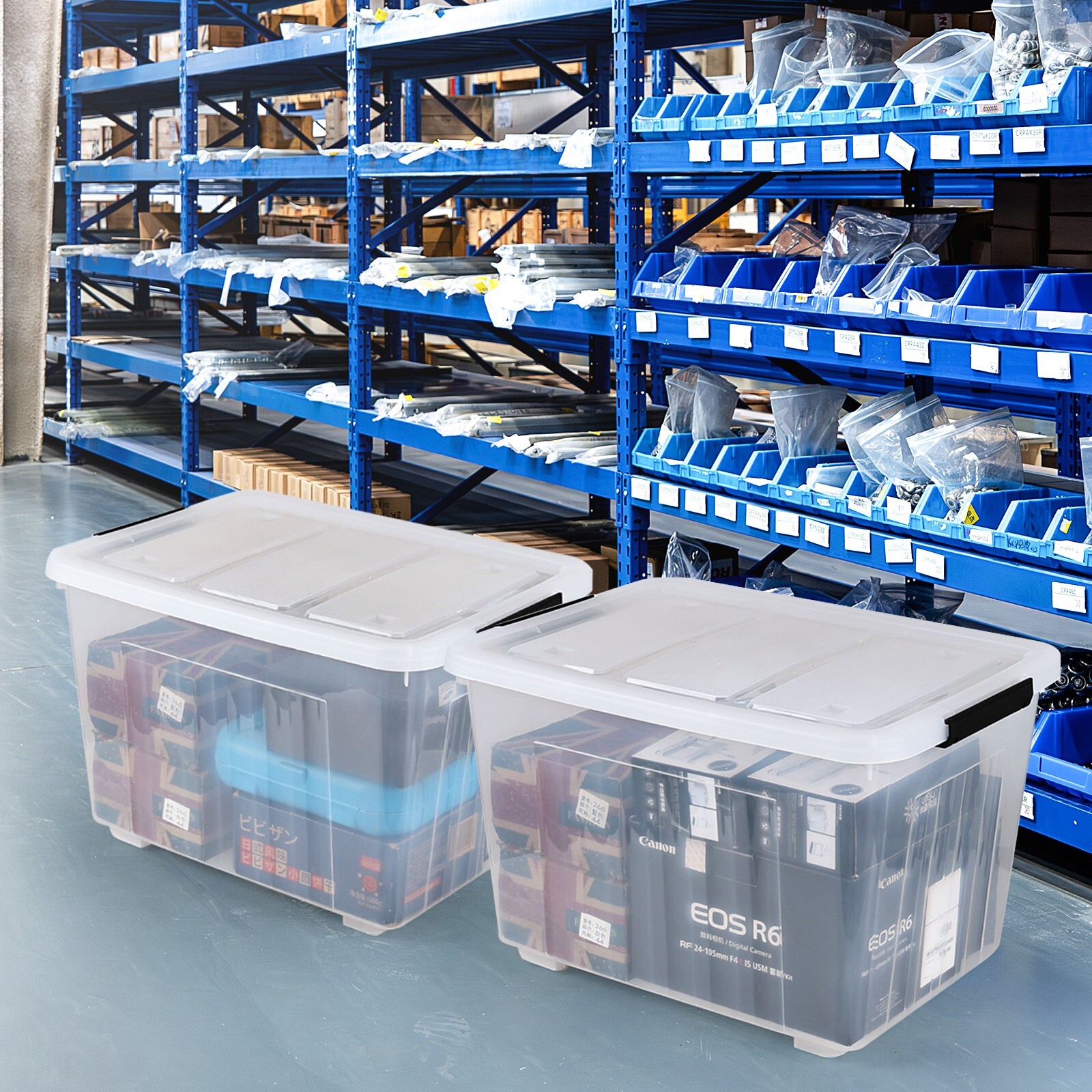 70 Quart Plastic Storage Box, Stackable Latching Bin with Lid & Wheels, 4-Packs