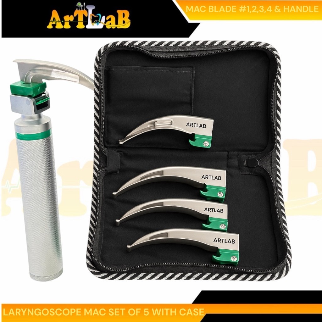 FIBER-OPTIC LARYNGOSCOPE SET OF 4 INTUBATION BLADES 1,2,3,4 + MEDIUM HANDLE