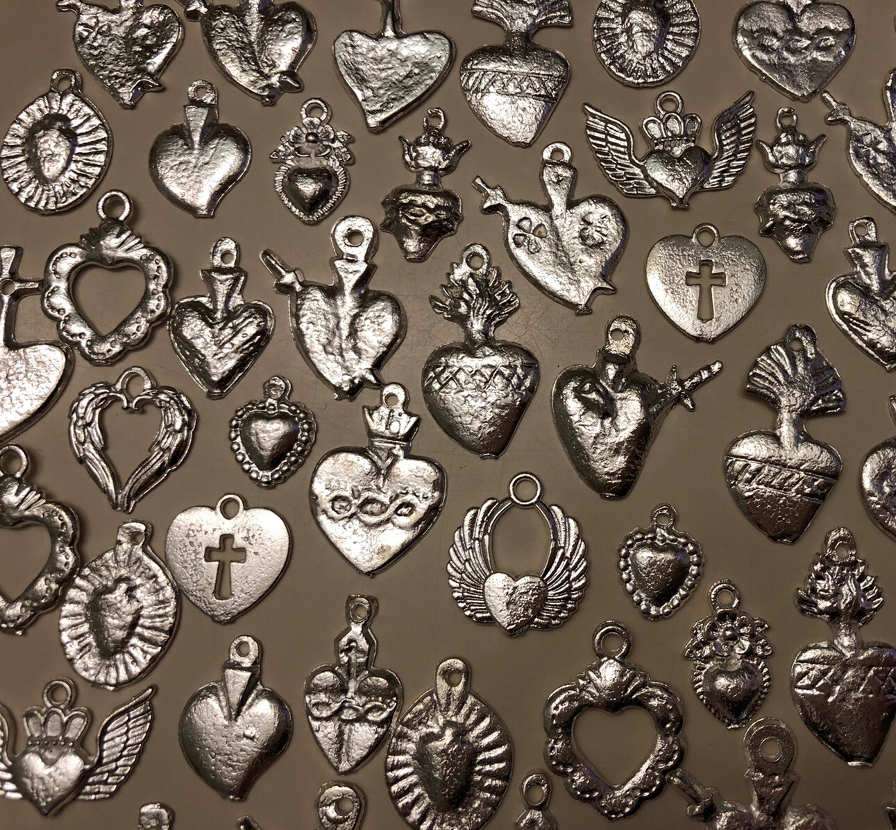 25 Milagro HEART Charms Mexican Folk Art SILVER All HEARTS Charm Lot
