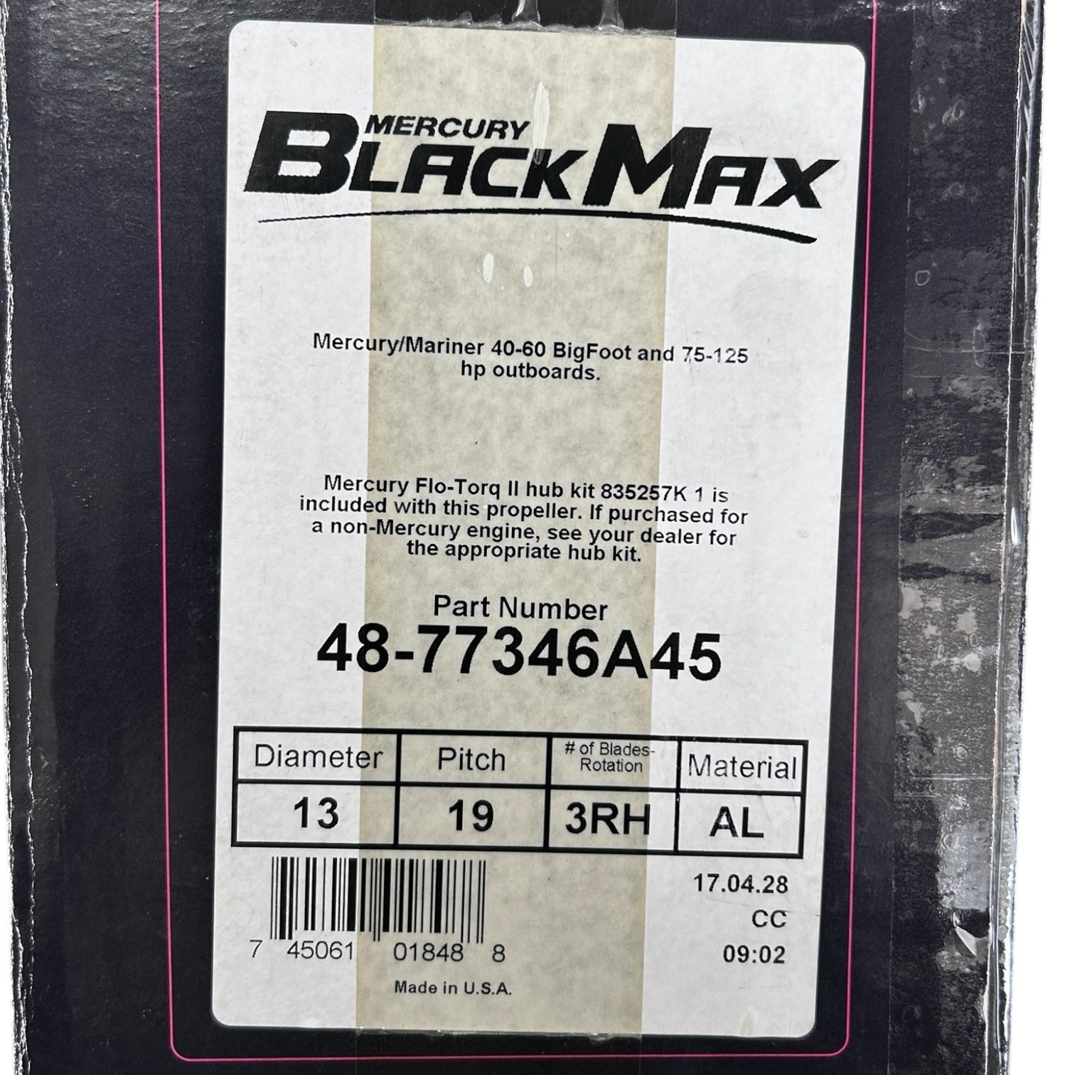 Mercury 3 x 13 x 19, Black Max Aluminum Propeller, 48-77346A45 - RH