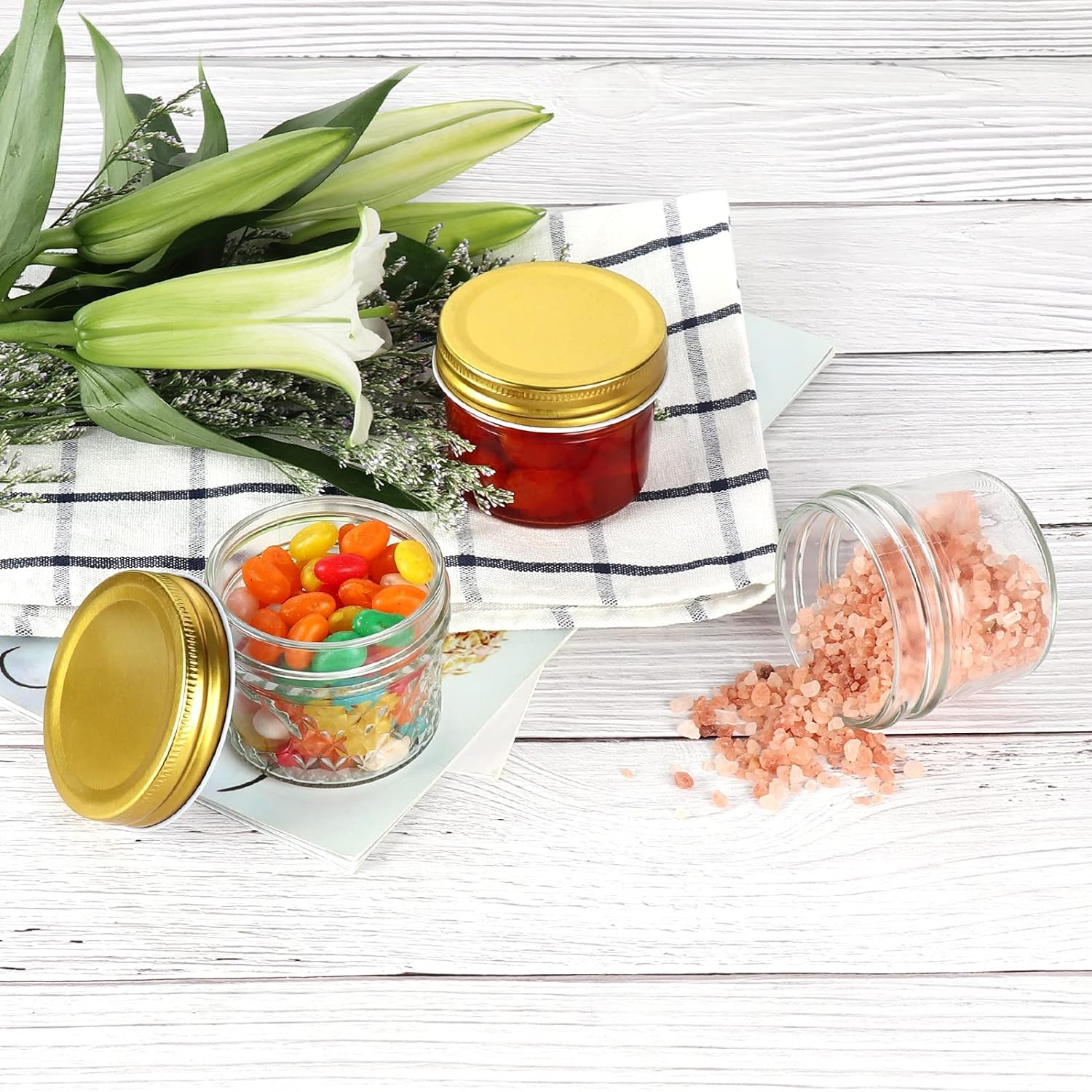 4 oz Clear Glass Jars with Metal Golden Lids, Pack of 40, 100ml