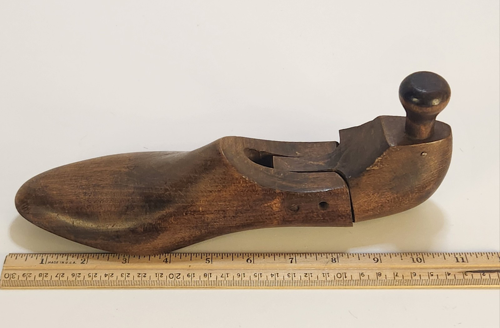 VTG Wood Shoe Cobbler Form Mold Primitive Antique Folk Art Decor Hinged Knob 11"