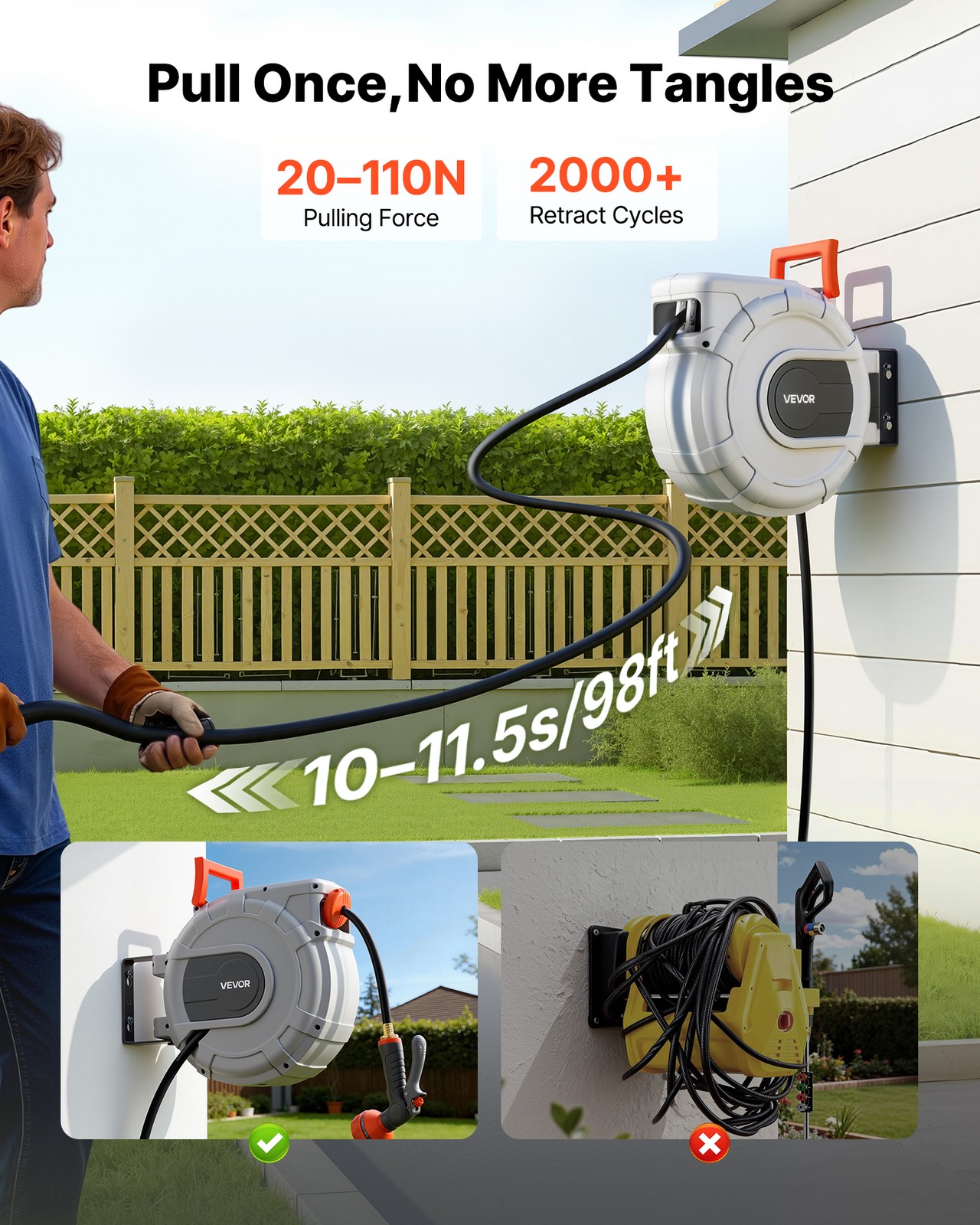 VEVOR Retractable Garden Hose Reel 1/2 in x 50 ft Wall Mount