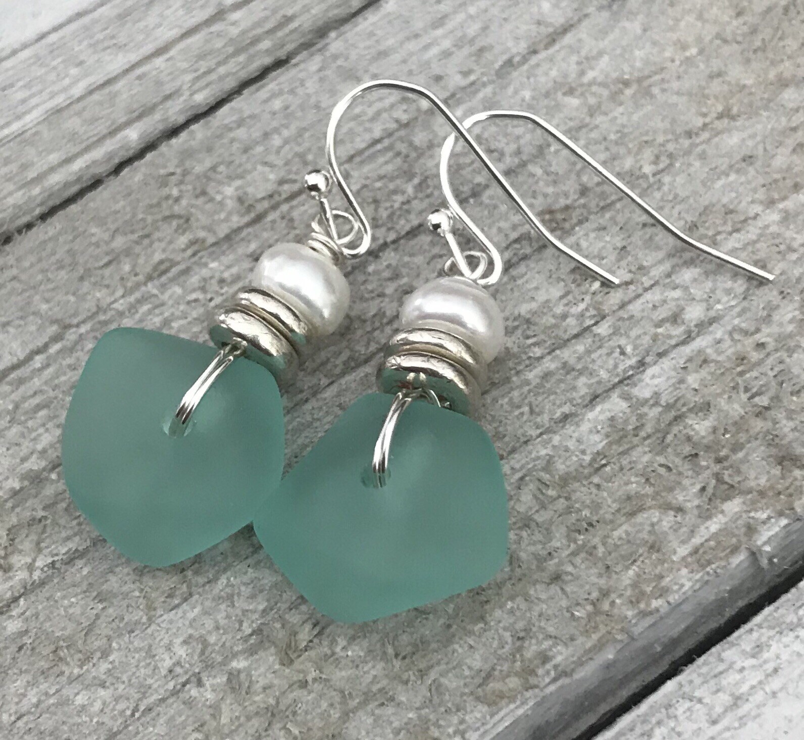 Min Favorit Turquoise Bay Sea Glass, Freshwater Pearl & Silver Pl Drop Earrings