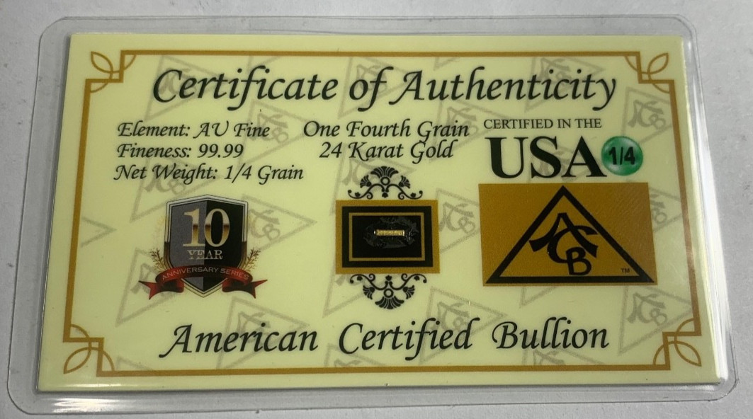 Vintage 24 Kt Gold Ingot! 1/4 Grain! 99.99 FINE GOLD 100% Certified Gold Bullion