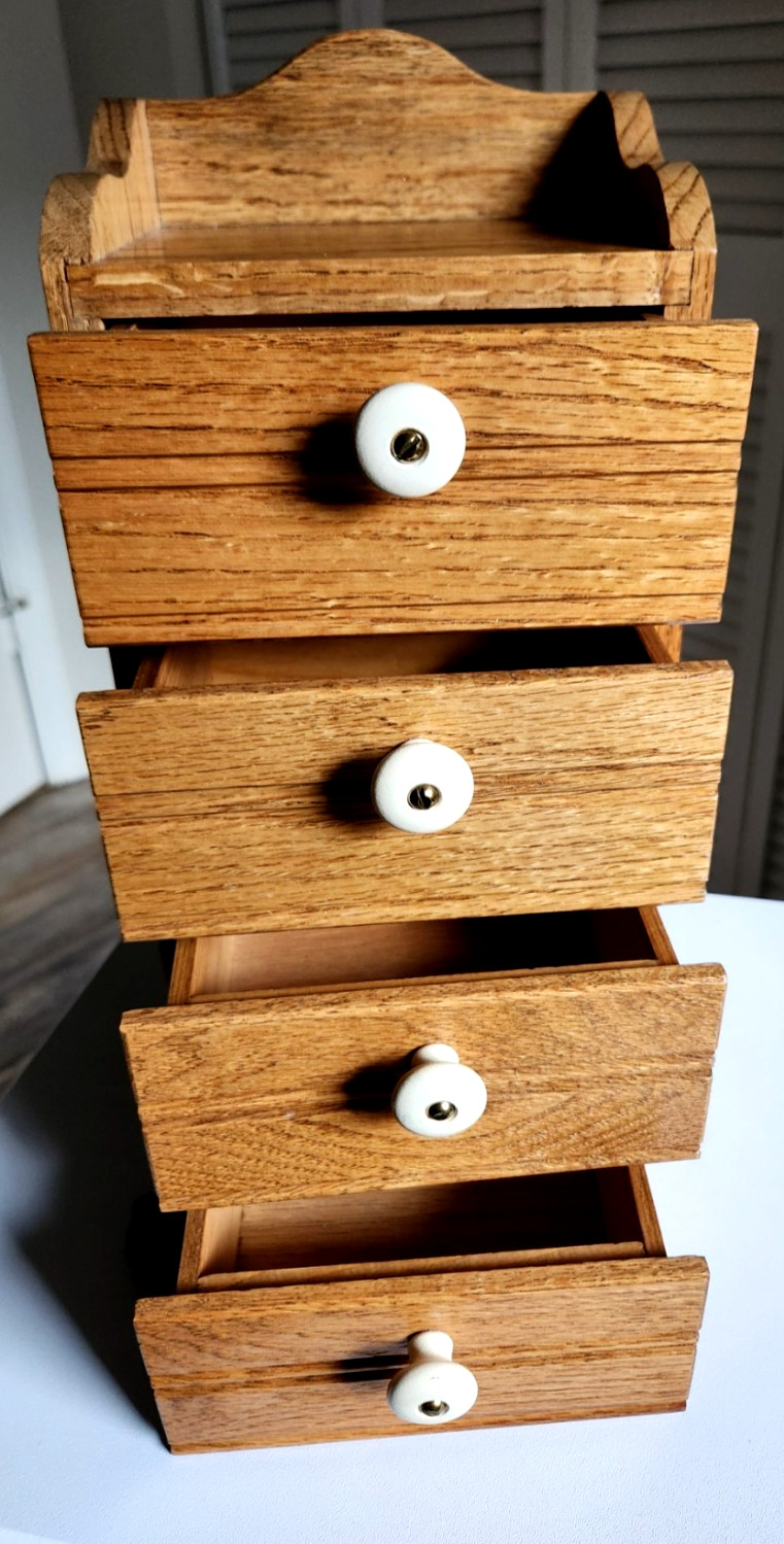 Vintage OAK Wood Hang or Stand Spice Box Cabinet 4 Drawer Porcelain/Brass Pulls