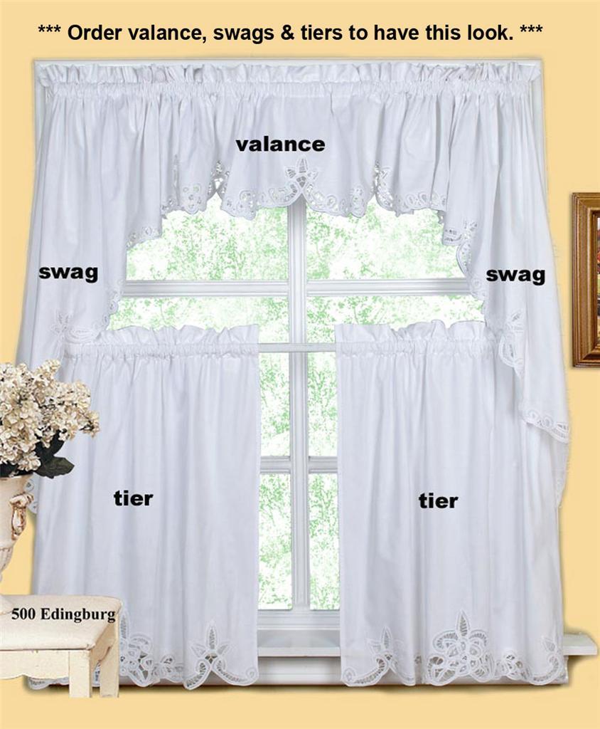 White Battenburg Lace Kitchen Curtain Valance Tier Swag by Creative Linens