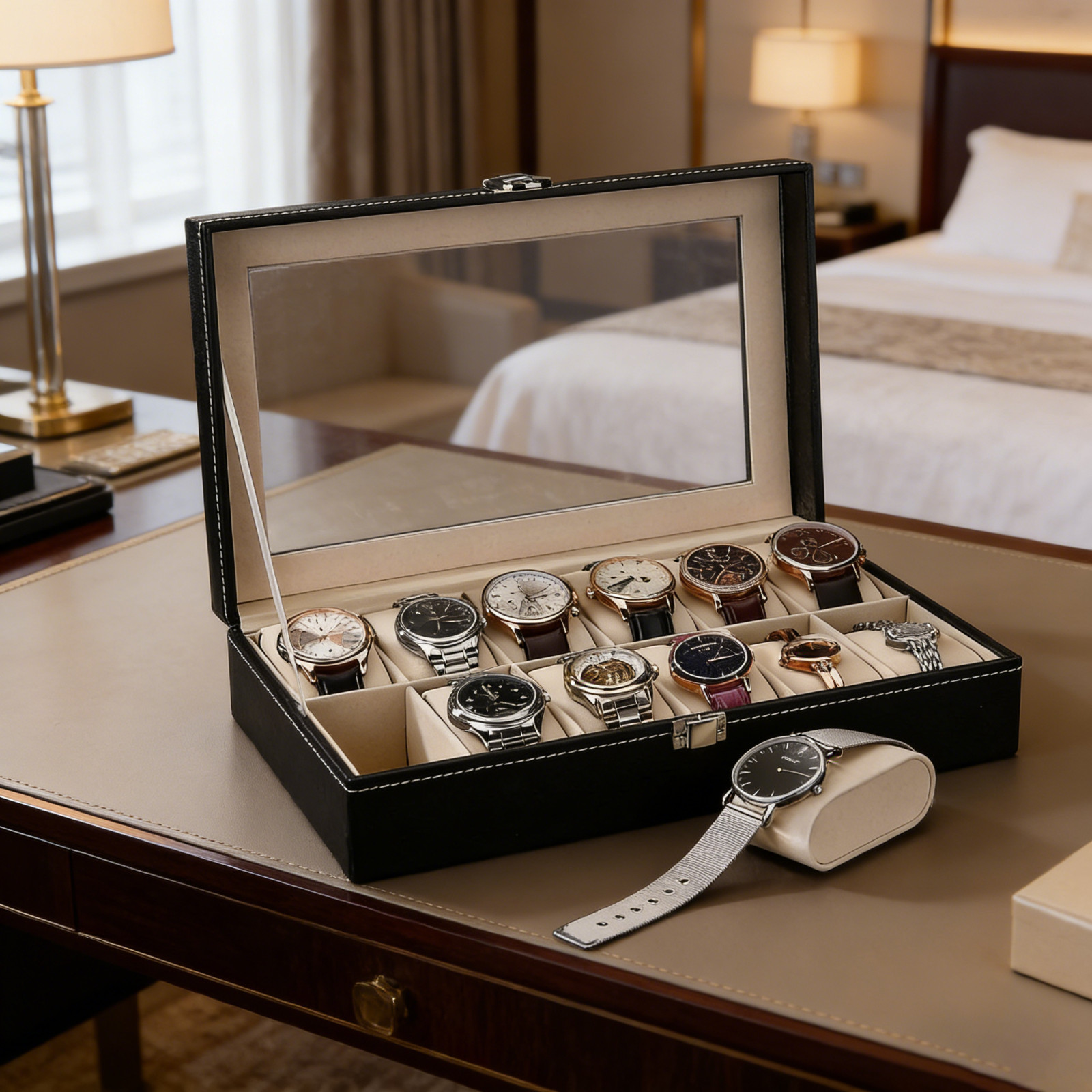 12 Slots PU Leather Wrist Watch Display Box Storage Holder Organizer Case US