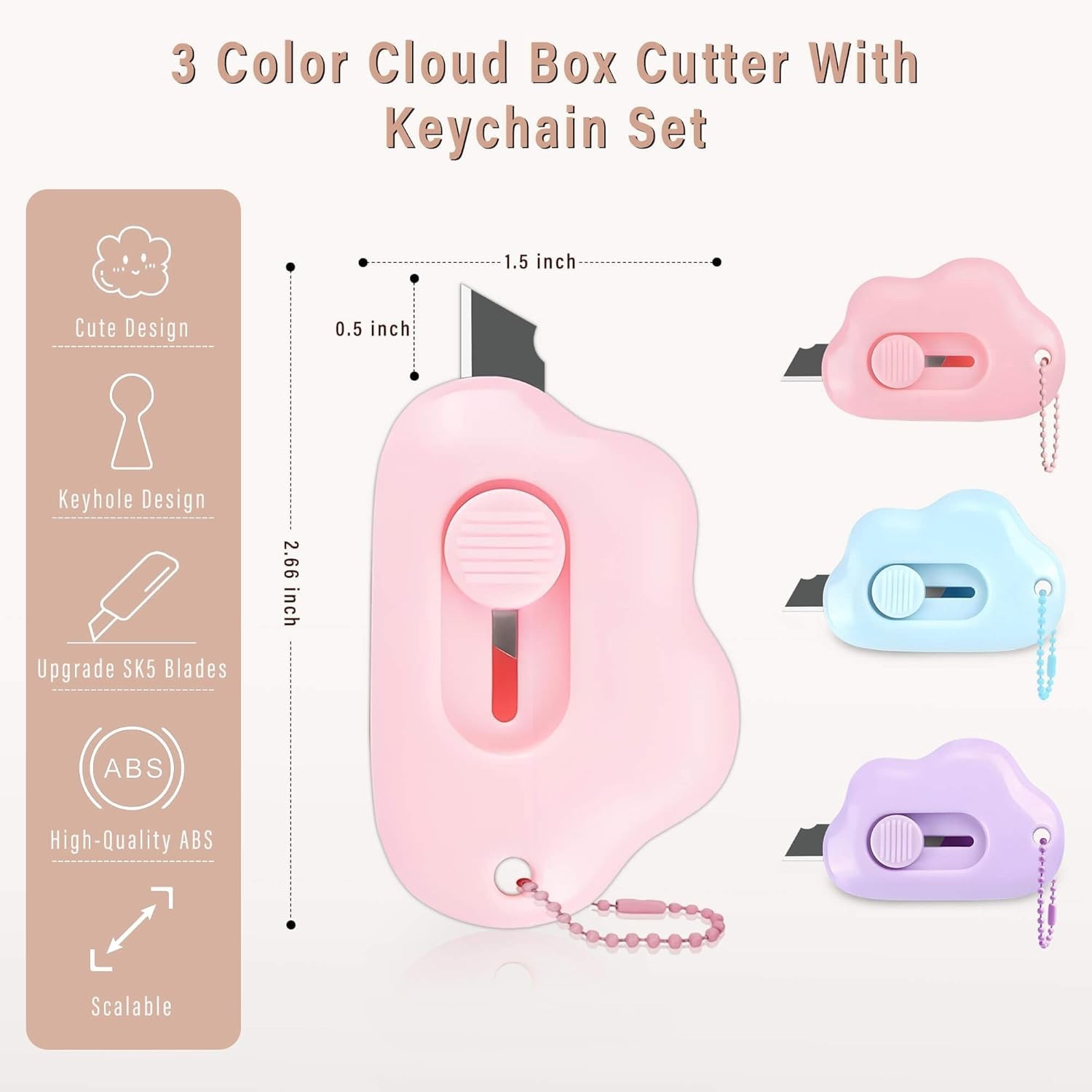 Cloud Shaped Retractable Box Cutter 6 Pack Keychain Letter Opener Stainles Steel