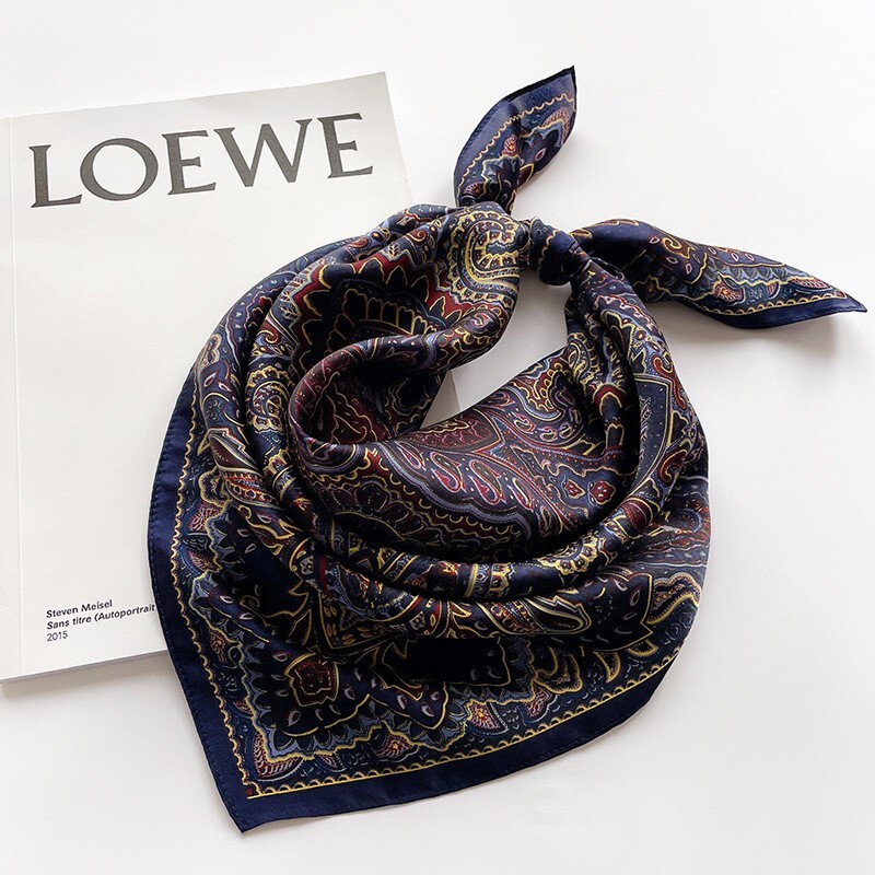 100% Mulberry Silk 27" Square Scarf Women Neckerchief Wrap Vintage Blue Paisley
